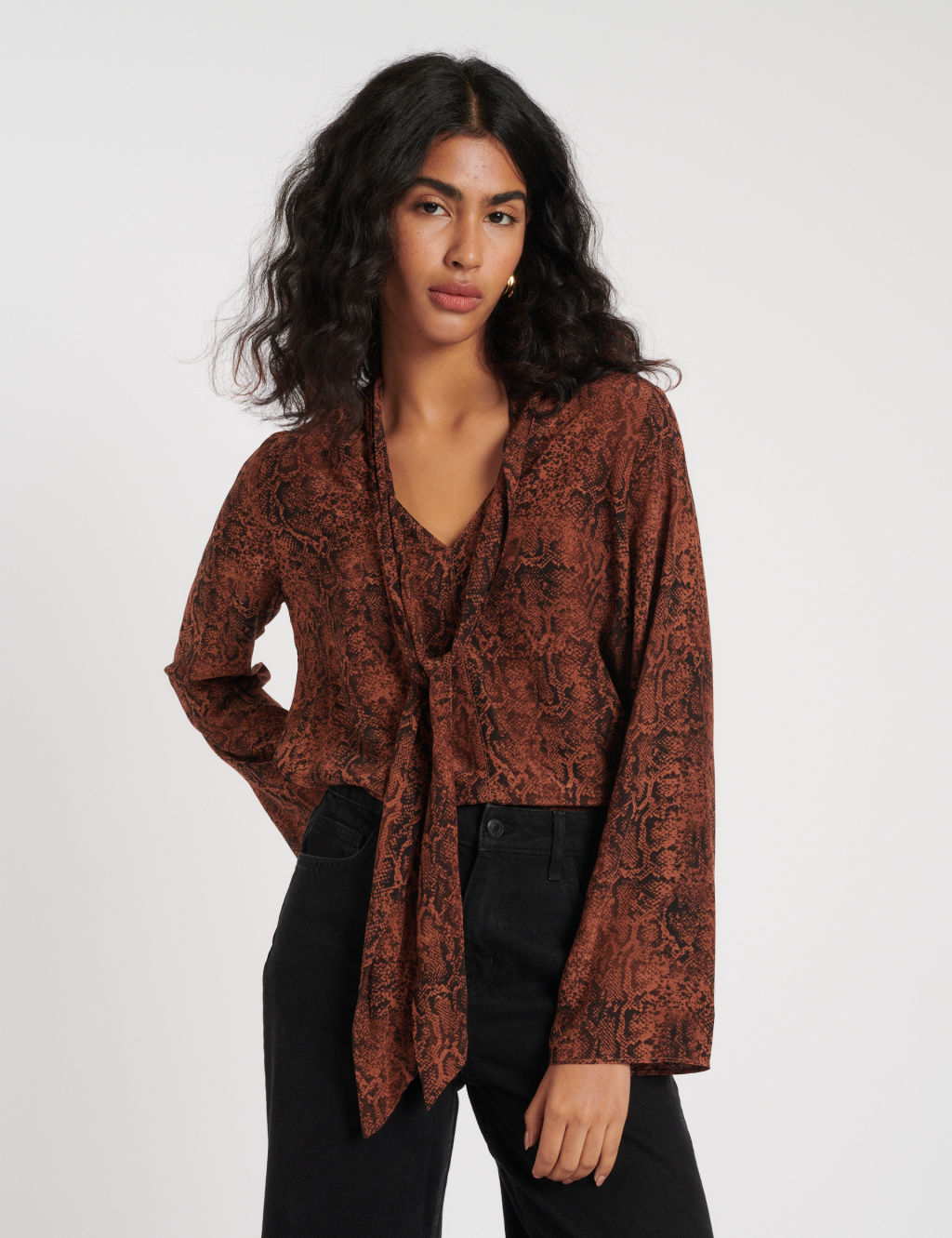 Snake Print Scarf Neck Relaxed Blouse