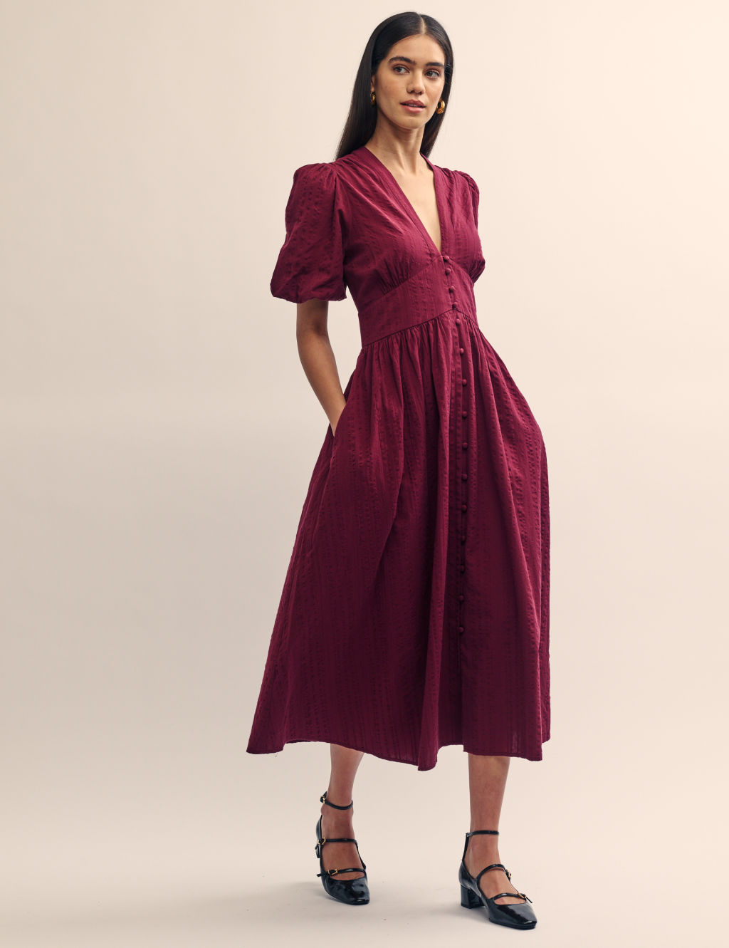 Pure Cotton V-Neck Midaxi Waisted Dress