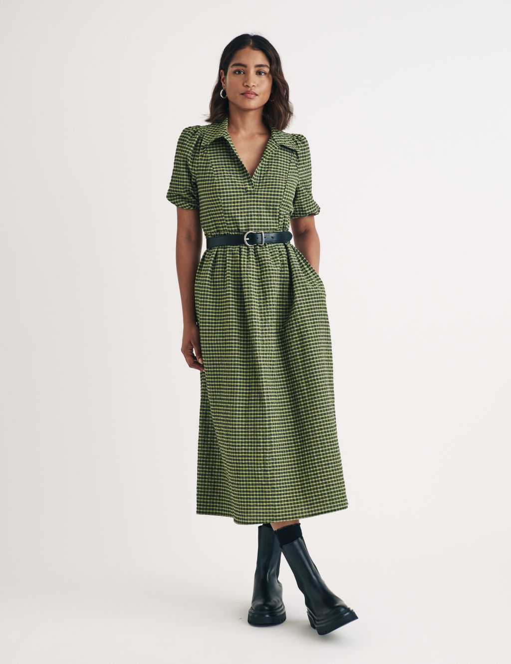 Cotton Rich Checked Midaxi Waisted Dress