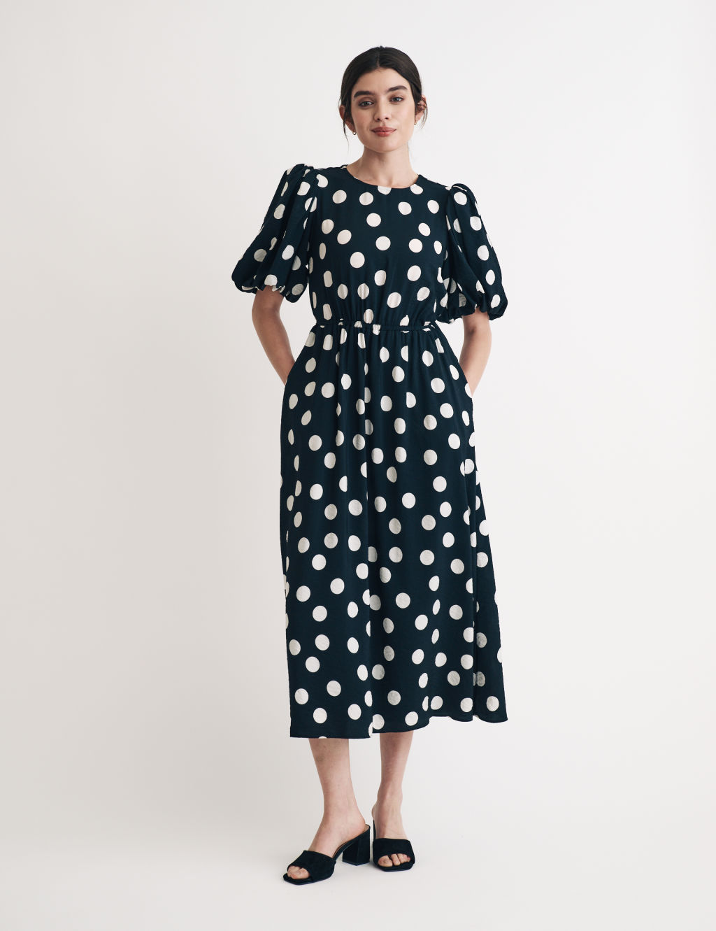 Polka Dot Puff Sleeve Midi Waisted Dress