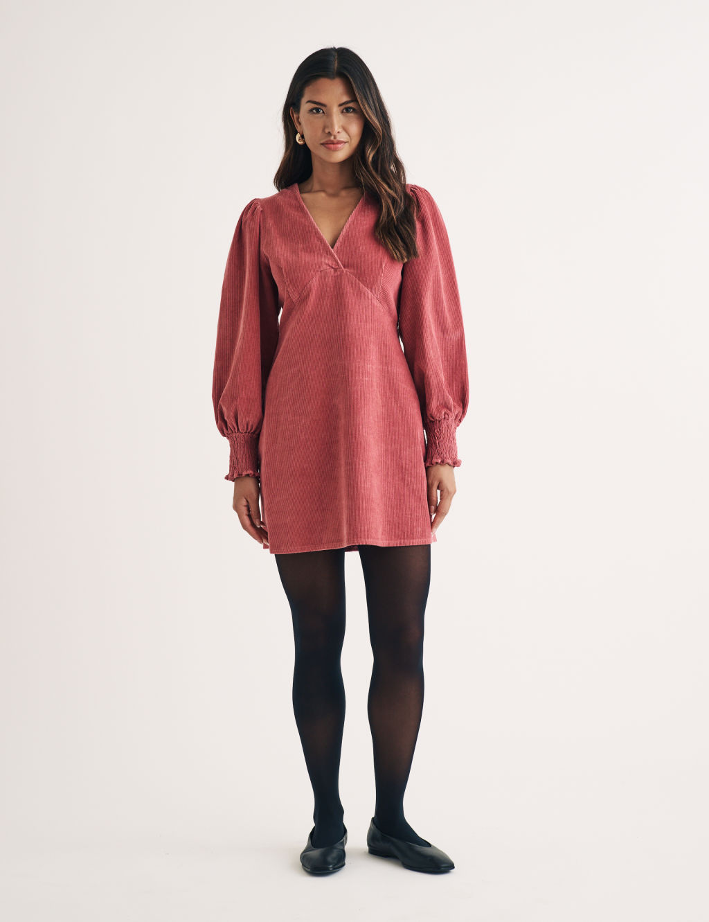 Pure Cotton Cord V-Neck Mini Tailored Dress