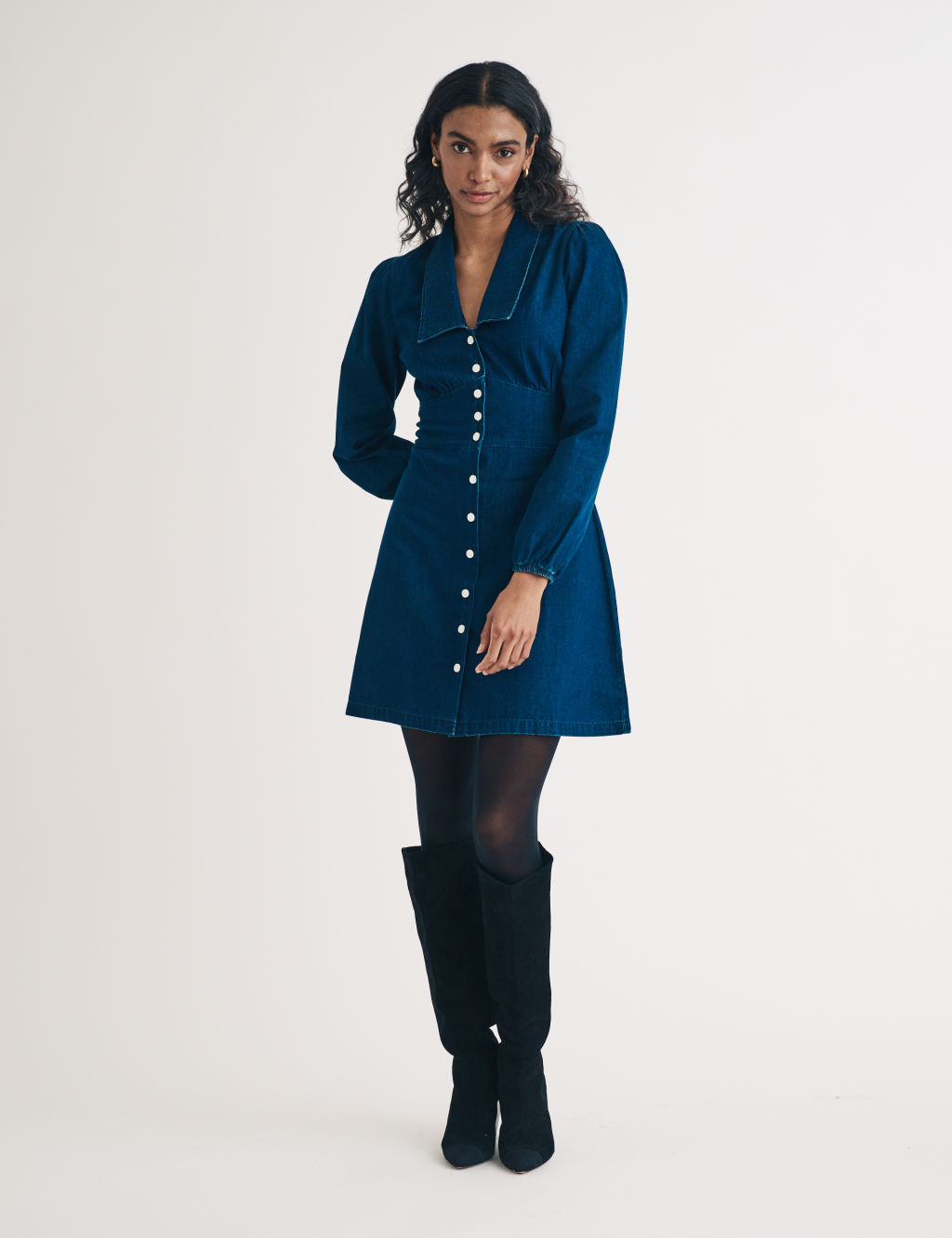 Pure Cotton Denim Collared Mini Shirt Dress