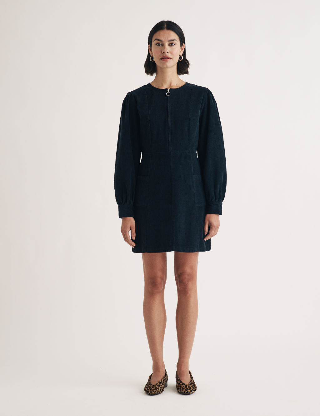 Cord Zip Neck Mini Waisted Dress