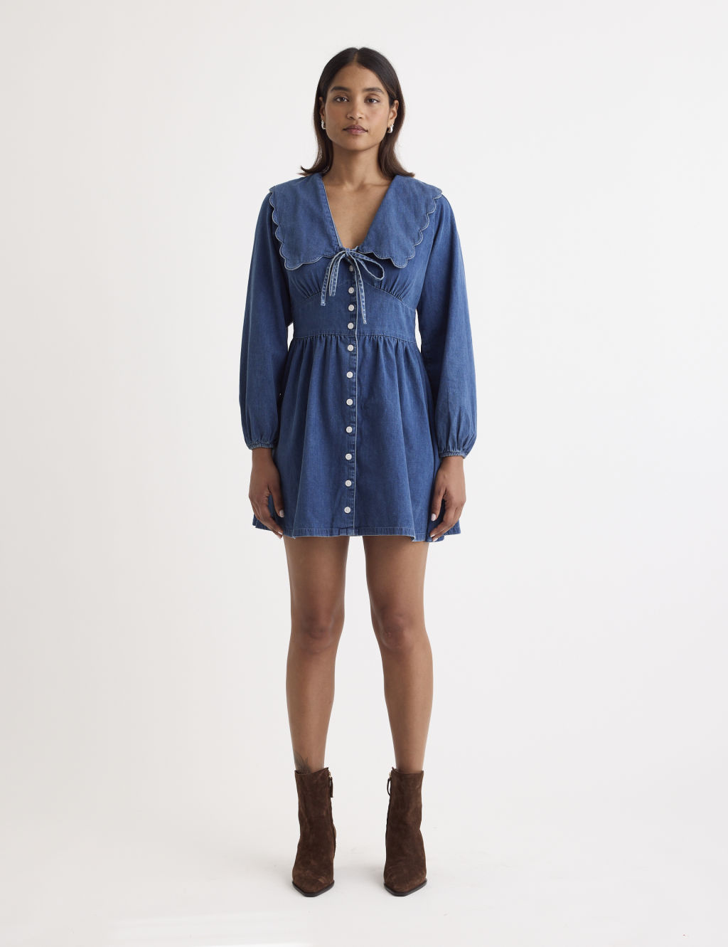 Denim Tie Neck Mini Skater Dress