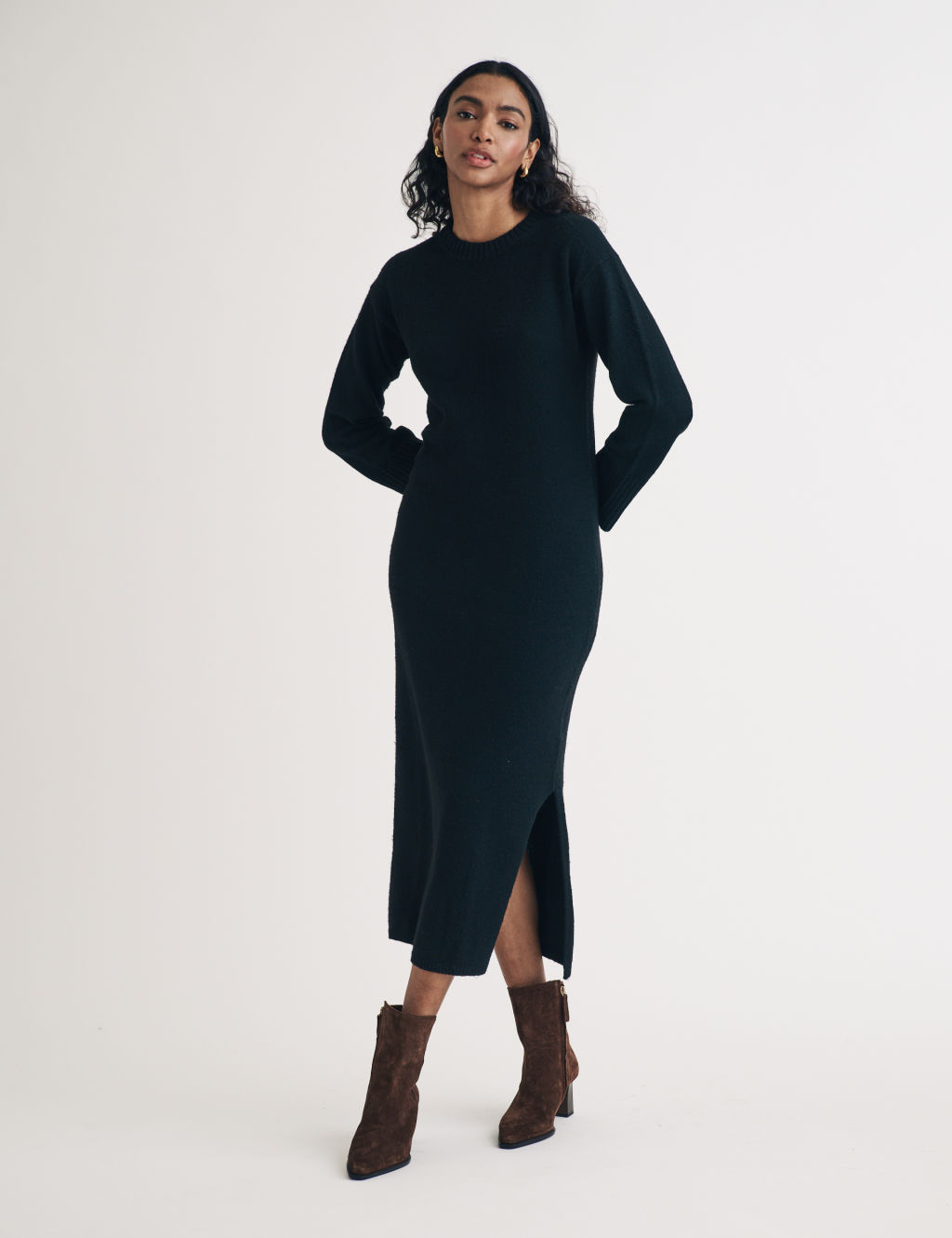 Cotton Rich Knitted Crew Neck Midi Jumper Dress
