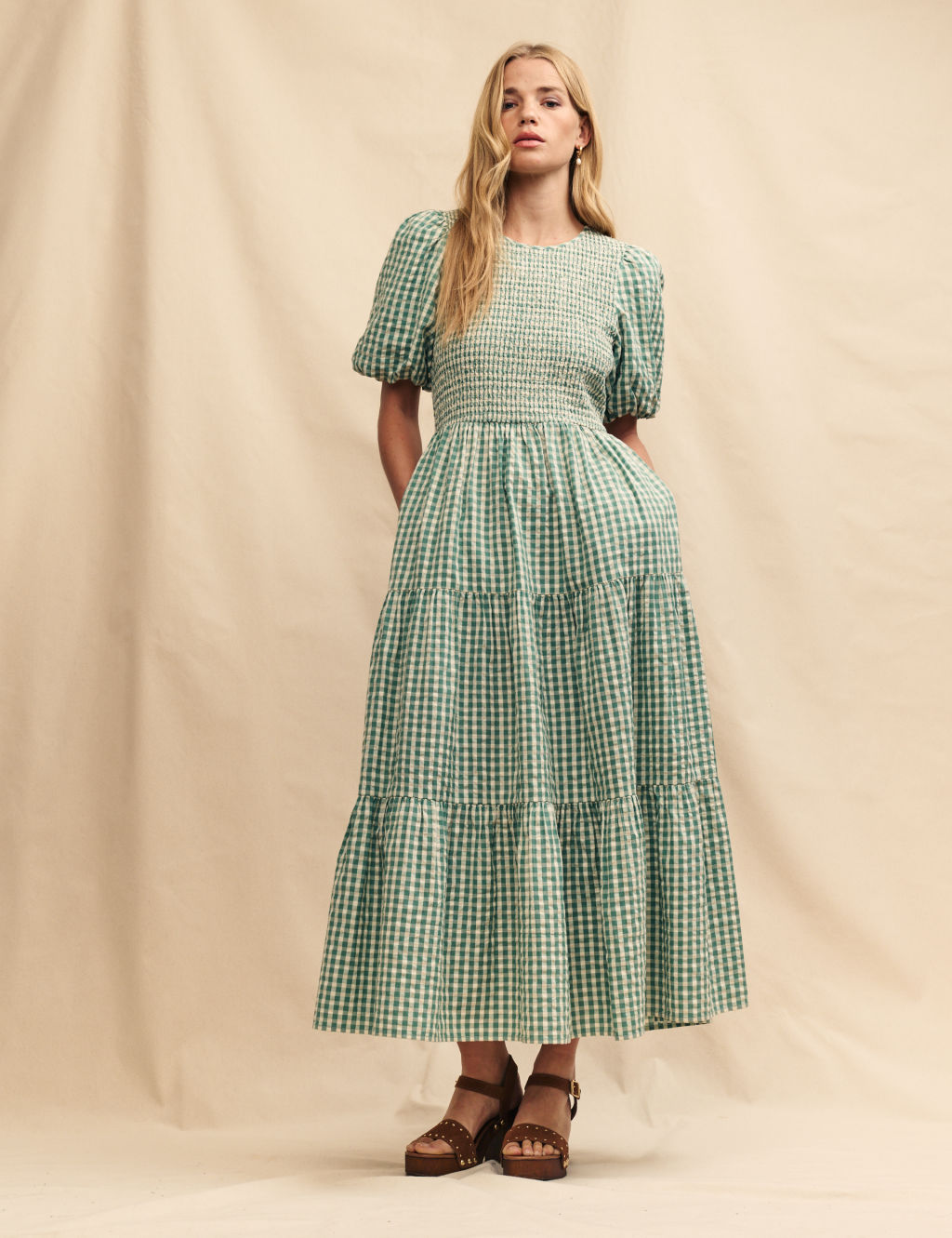 Pure Cotton Gingham Midaxi Tiered Dress