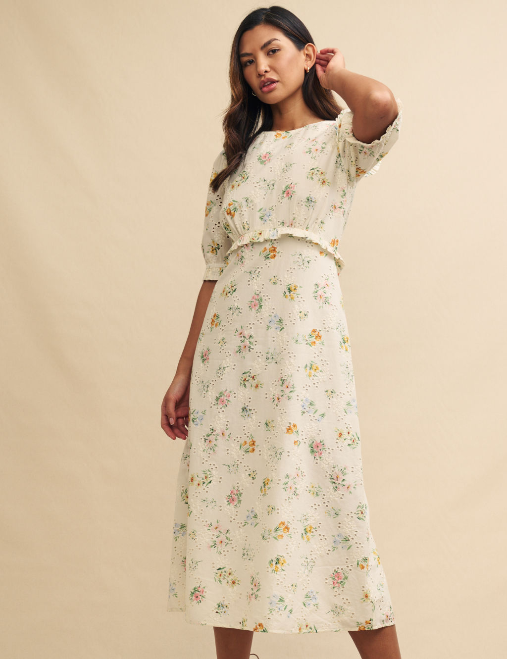 Pure Cotton Floral Round Neck Midi Tea Dress 4 of 9