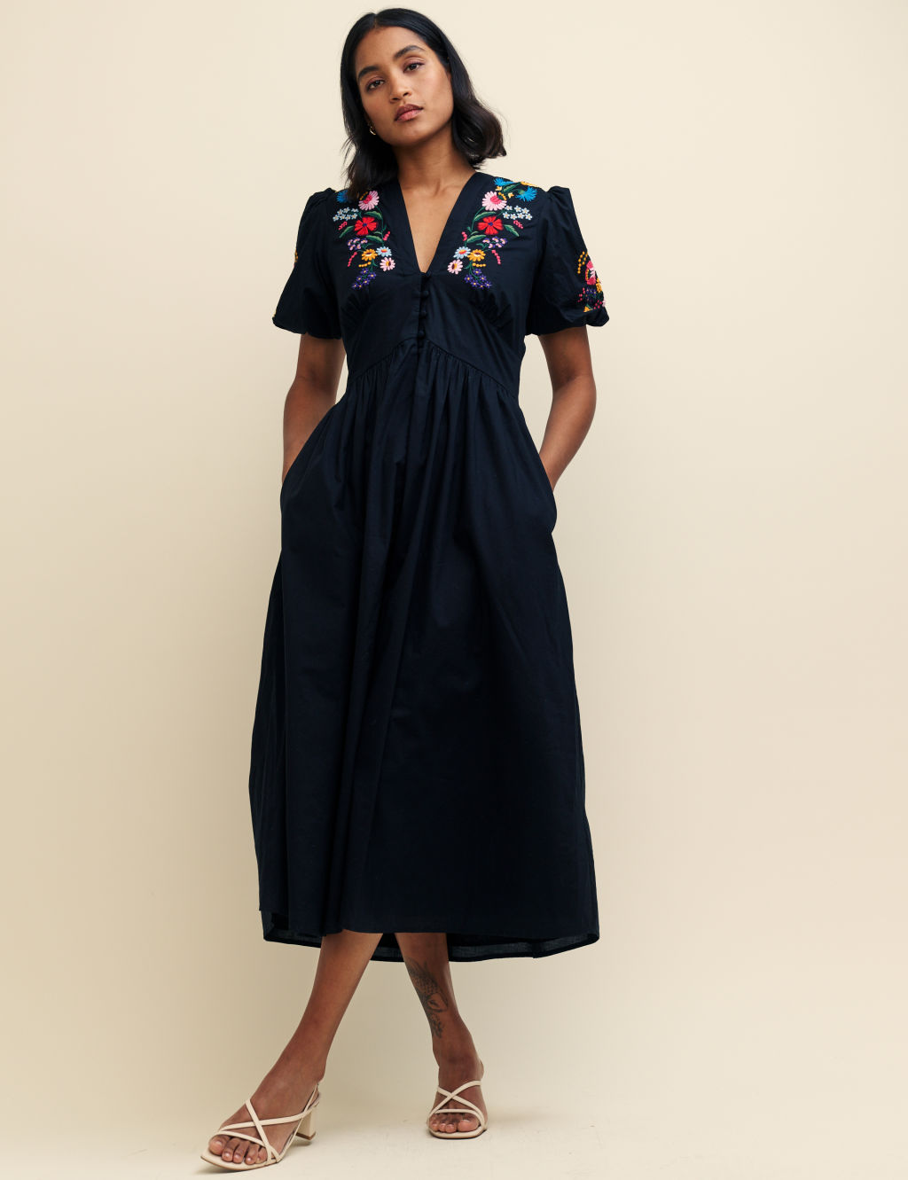 Pure Cotton Embroidered V-Neck Midaxi Dress