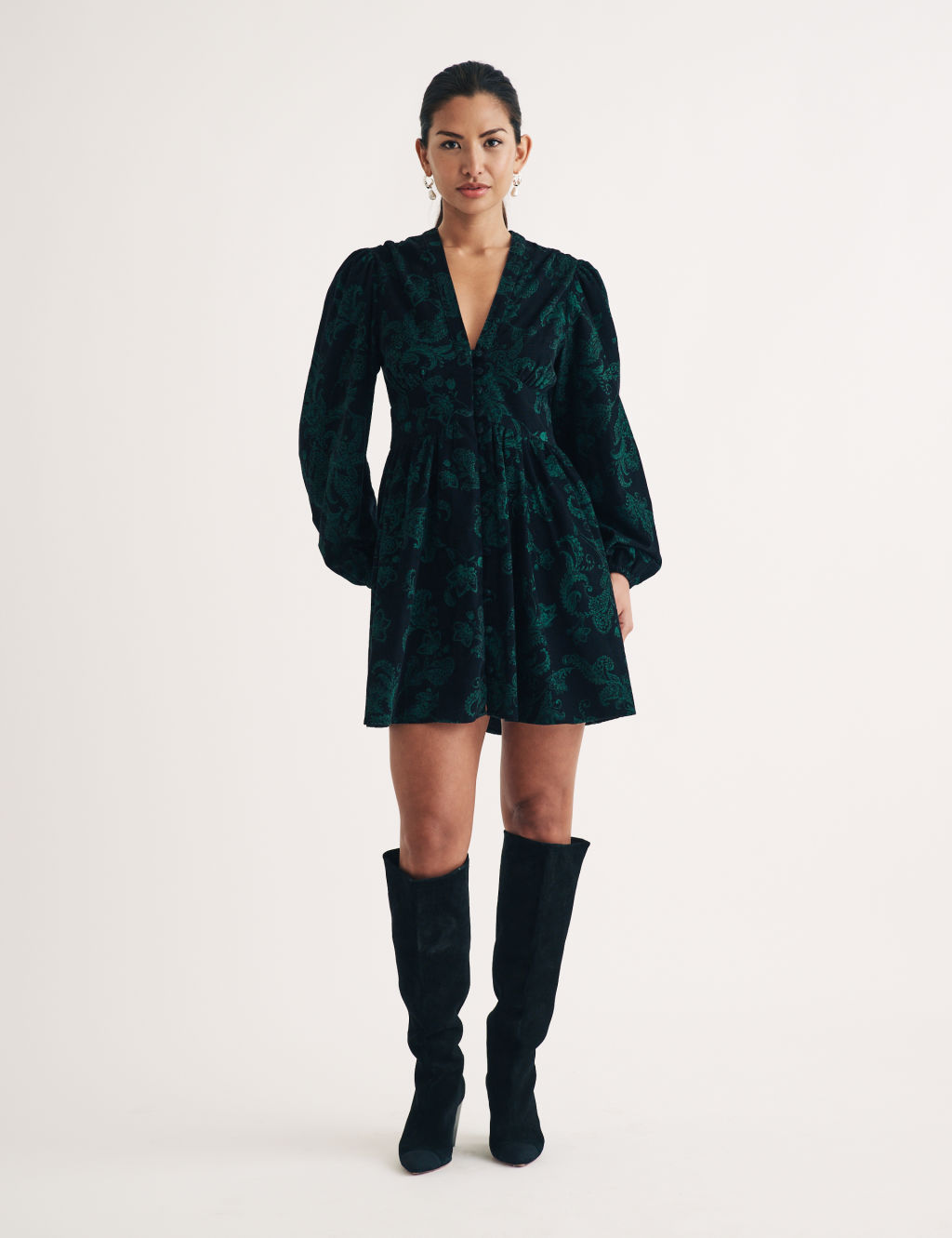 Pure Cotton Paisley V-Neck Blouson Sleeve Mini Waisted Dress