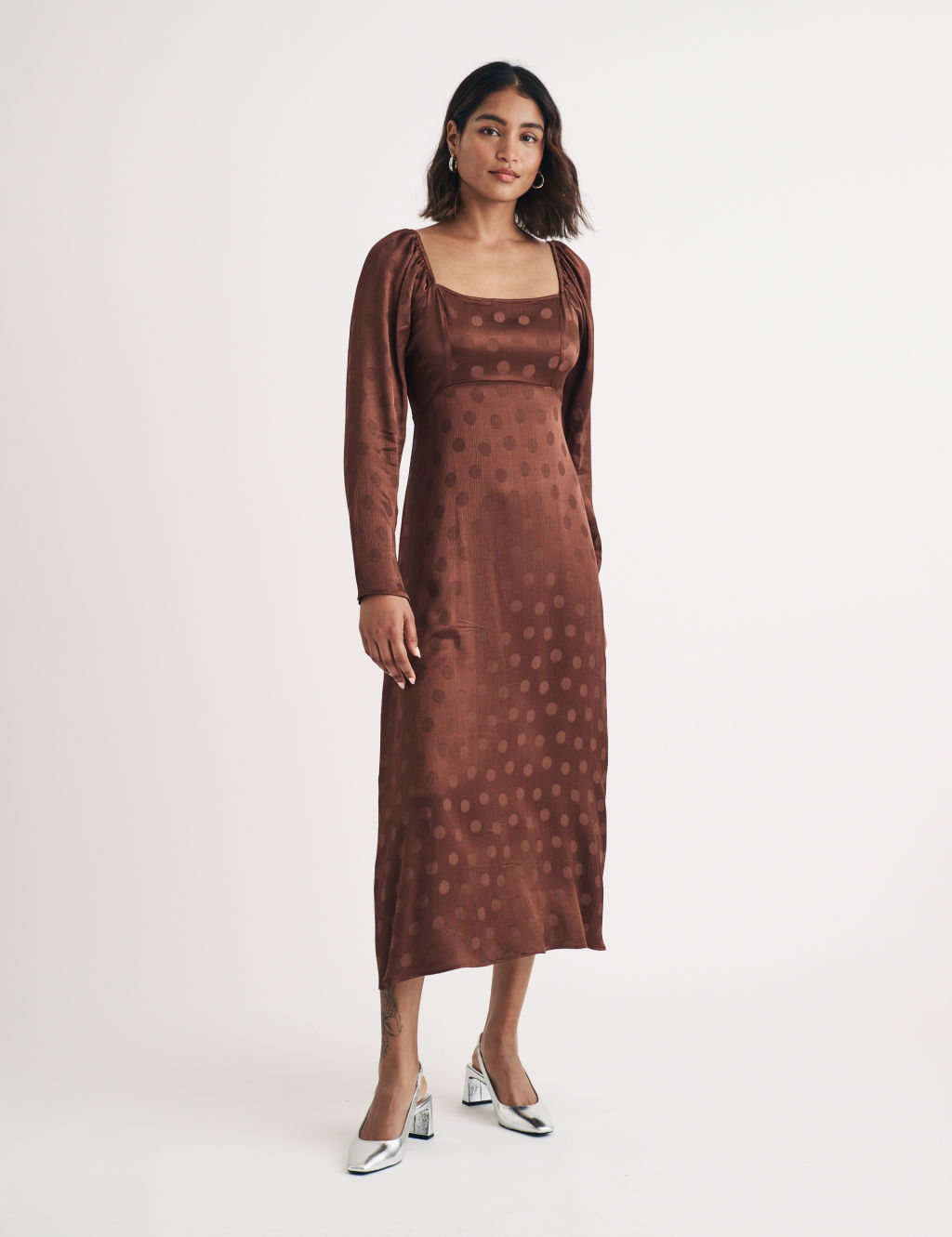 Jacquard Spot Print Square Neck Midi Dress
