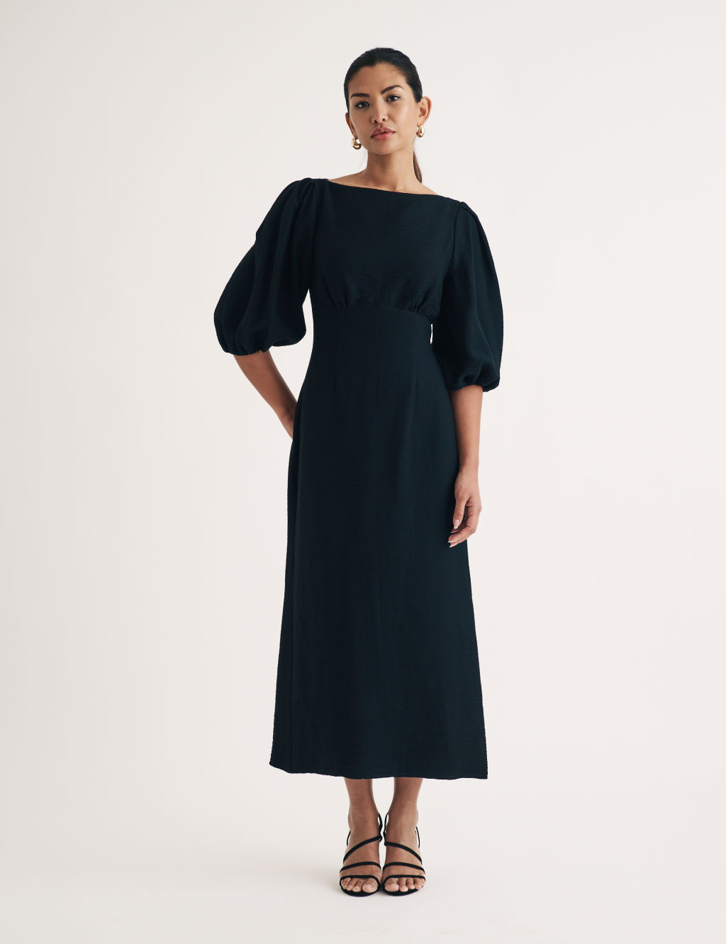 Puff Sleeve Midaxi Waisted Dress with Linen