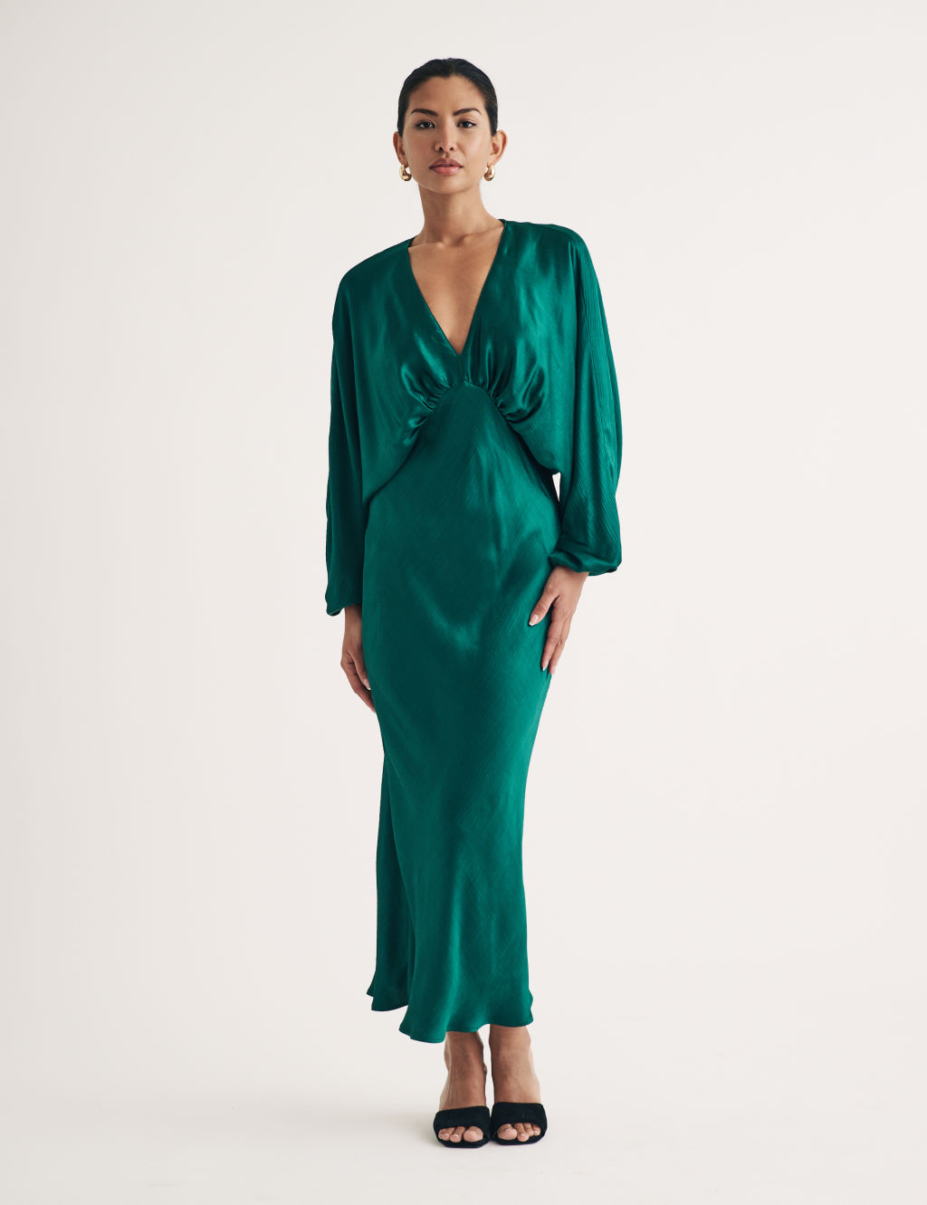 Satin V-Neck Draped Midaxi Dress