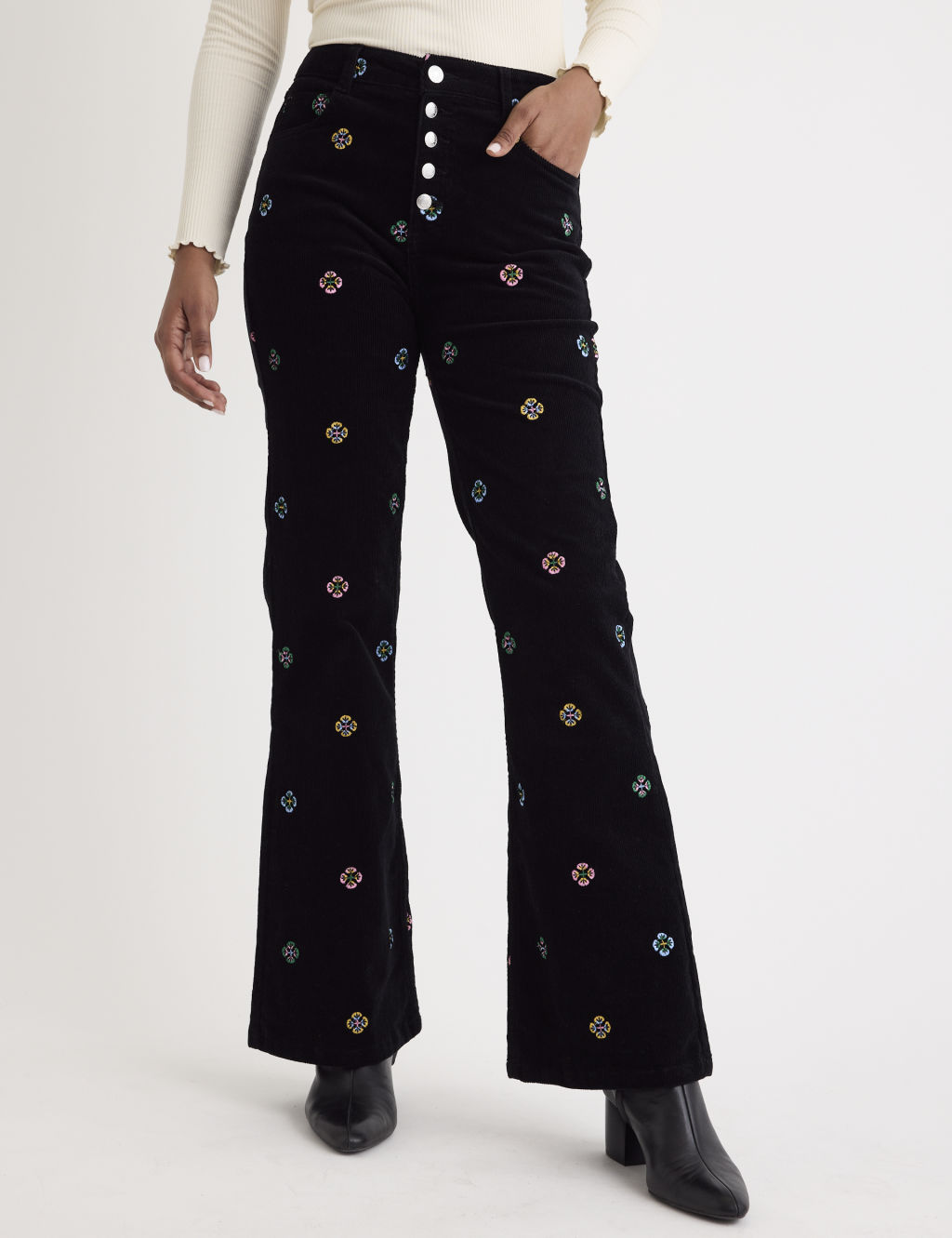 Cotton Rich Cord Floral Flared Trousers