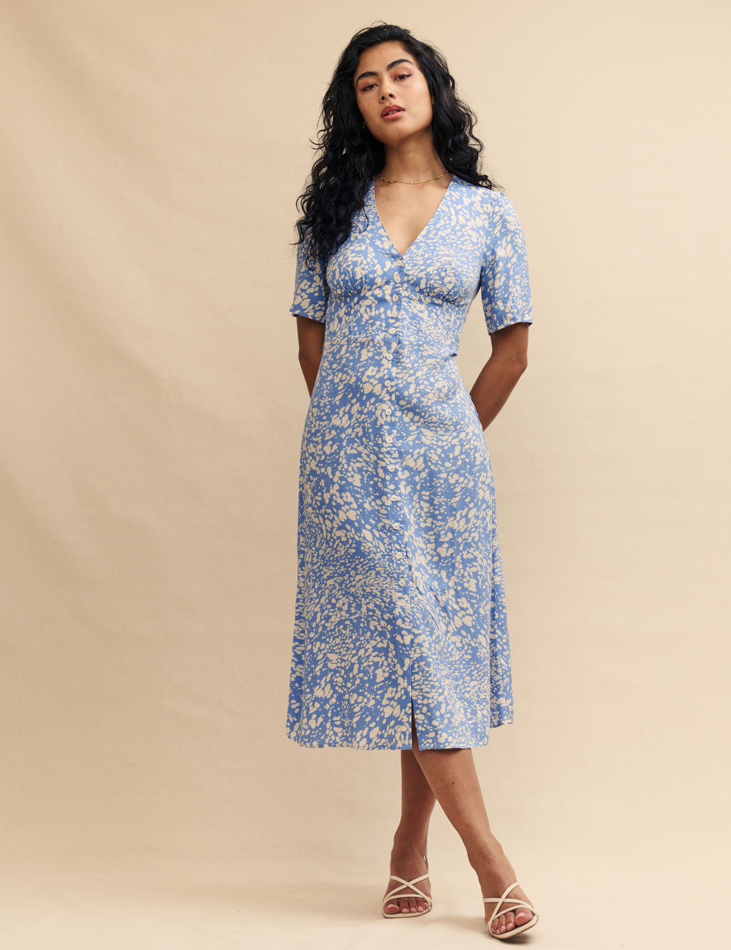 Printed V-Neck Midi Tea Dress