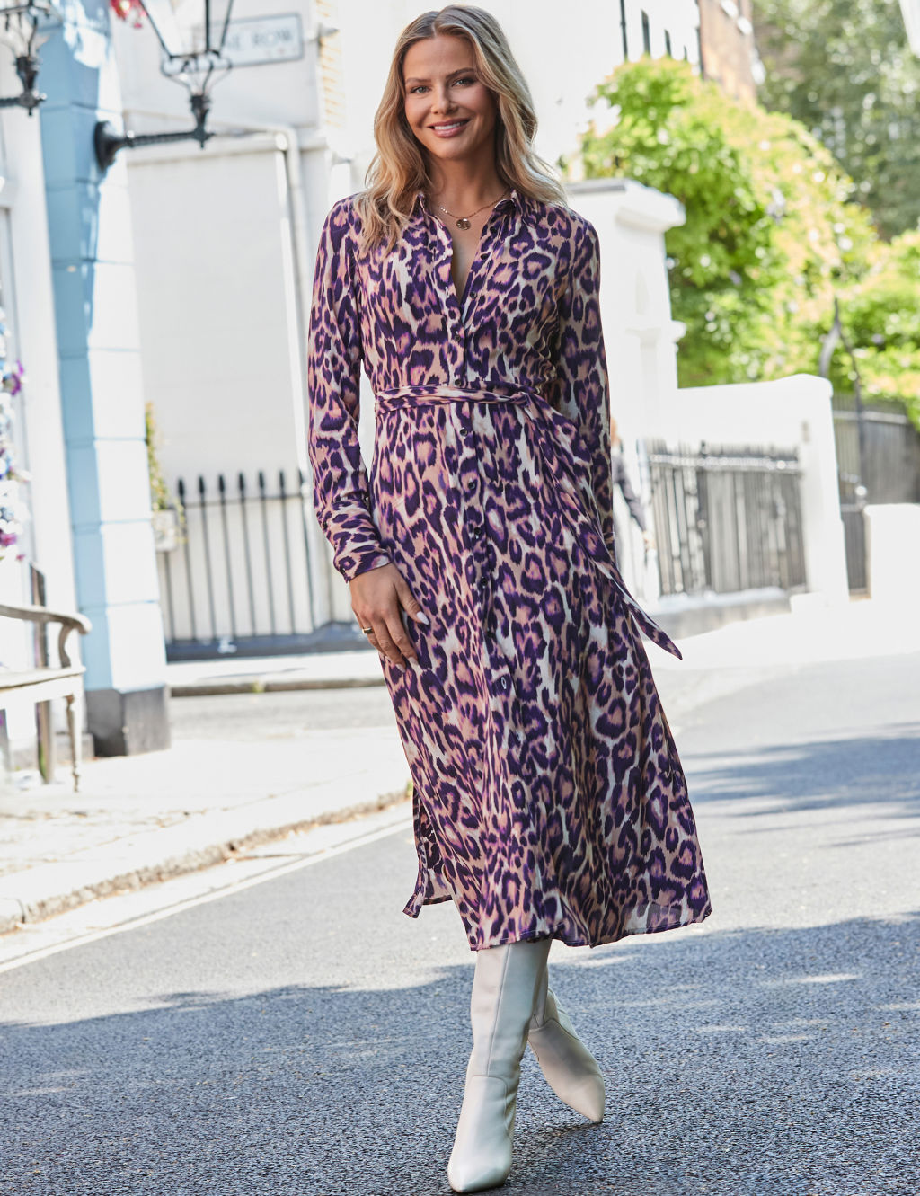 Animal Print Belted Midi Shirt Dress