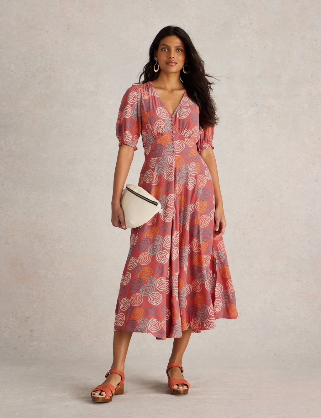 Printed V-Neck Midi Tea Dress