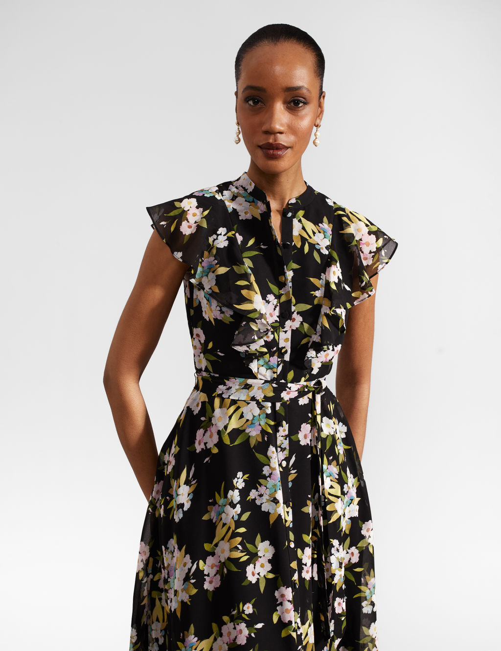 Floral High Neck Midi Waisted Dress 8 of 9