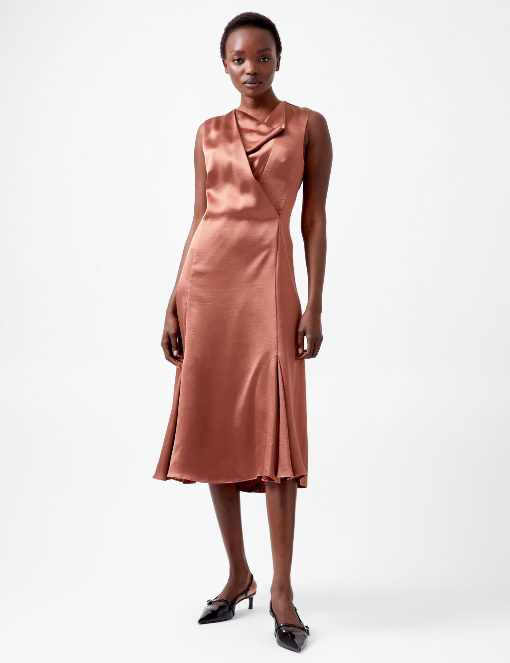 Satin Cowl Neck Midi Skater Dress