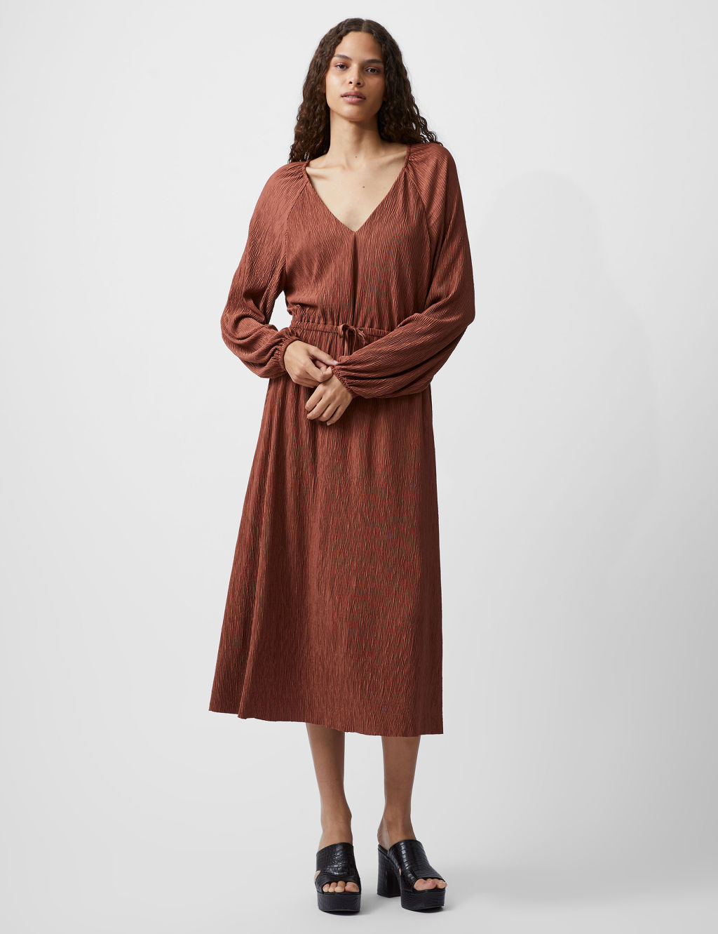 Satin V-Neck Midi Waisted Dress