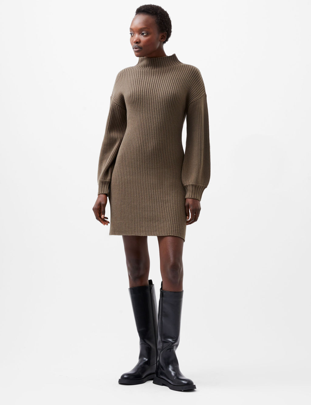 Ribbed Knitted High Neck Mini Dress