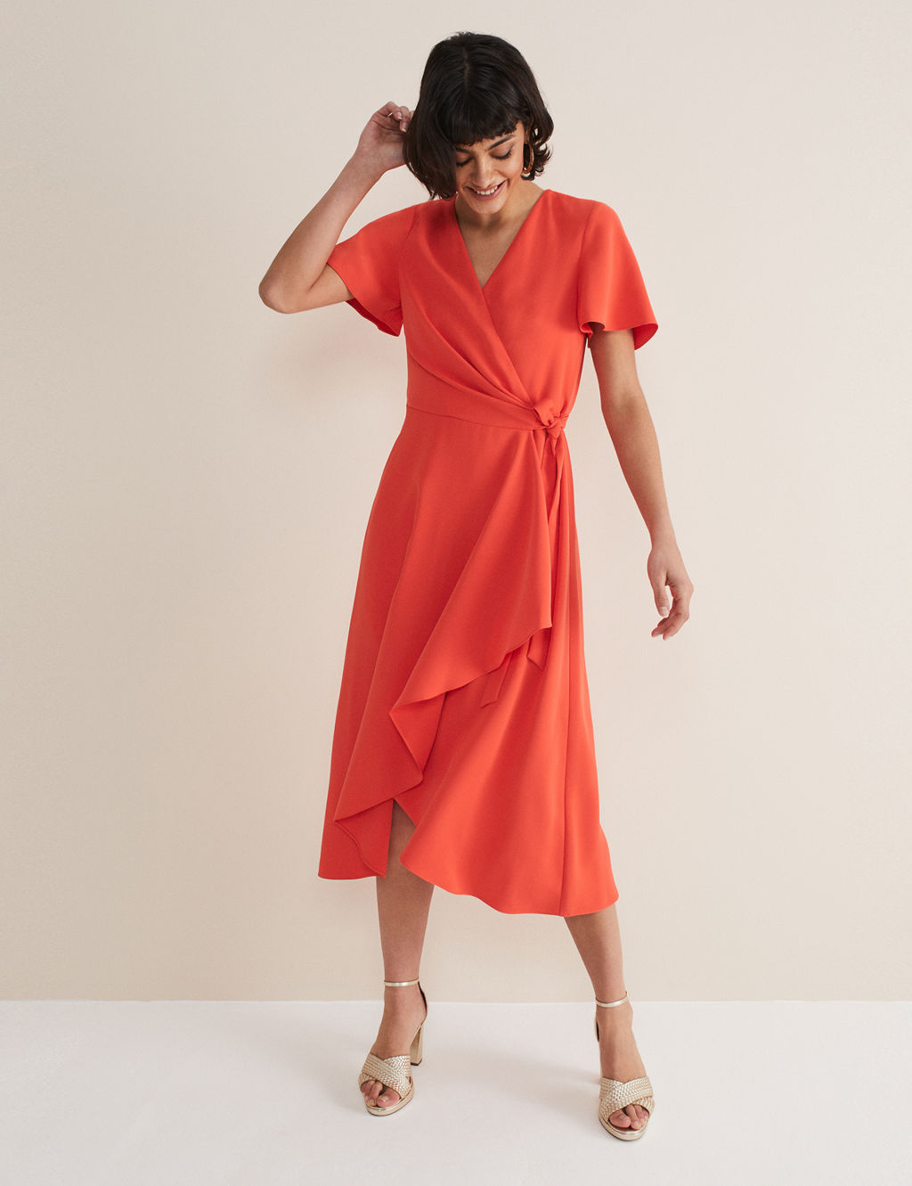 V-Neck Angel Sleeve Midi Wrap Dress