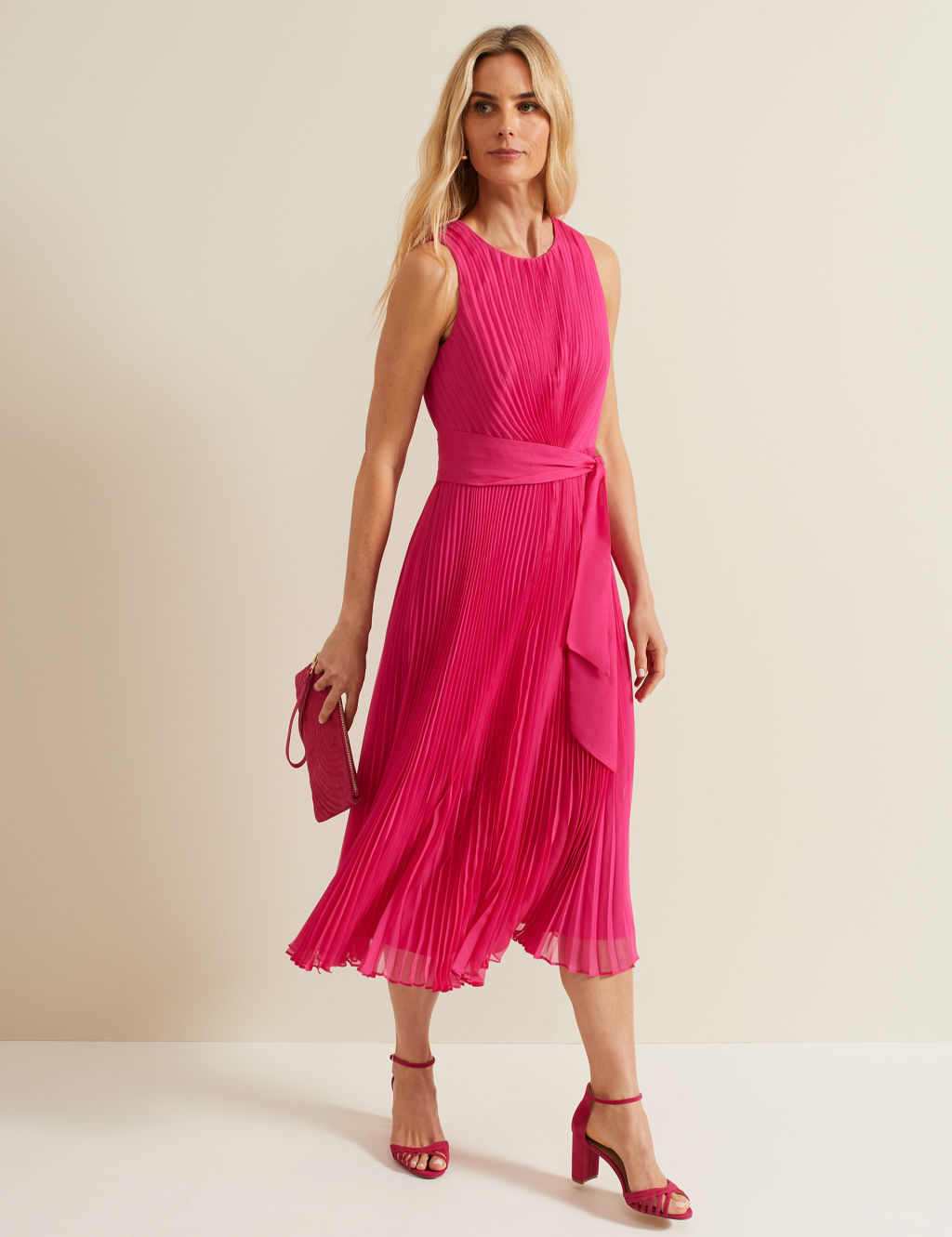 Chiffon Pleated Belted Midi Waisted Dress