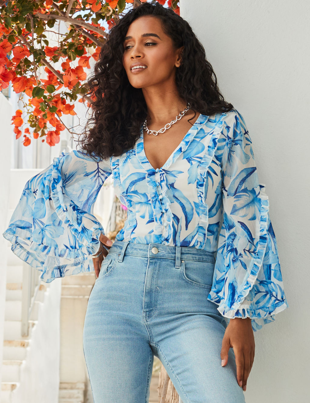Chiffon Floral V-Neck Ruffle Blouse | SOSANDAR | M&S