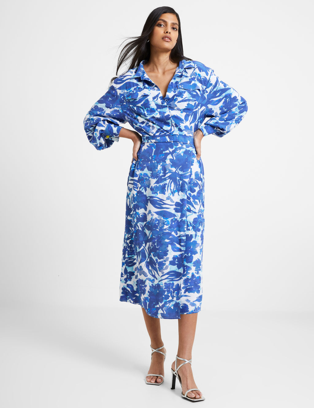 Floral Collared Tie Waist Midi Wrap Dress