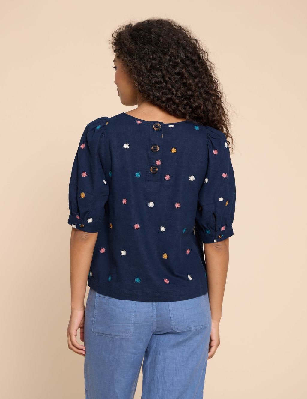 Linen Rich Embroidered Round Neck Blouse 4 of 6