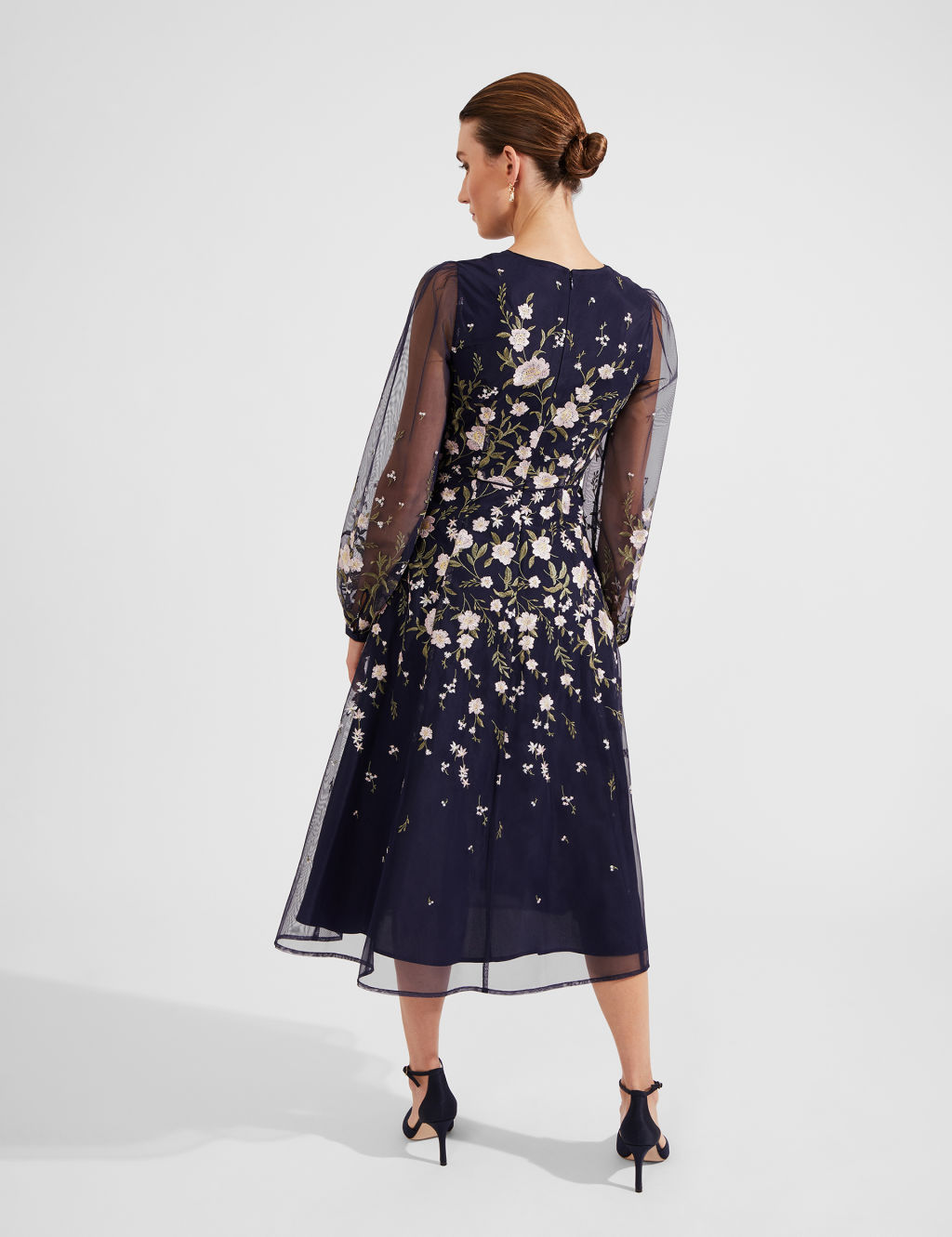 Embroidered Floral Puff Sleeve Midi Skater Dress HOBBS M&S