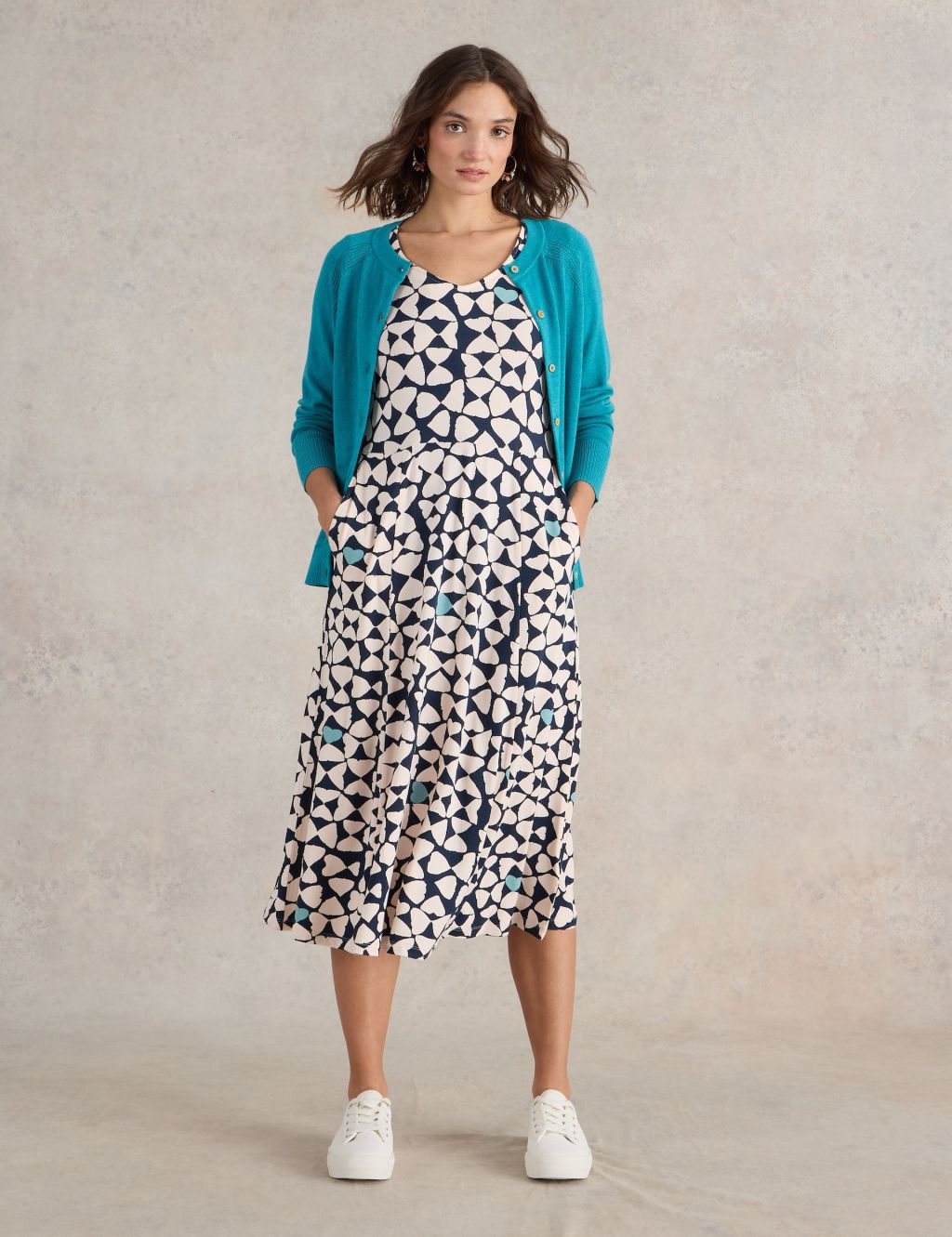 Jersey Printed V-Neck Midi Tea Dress