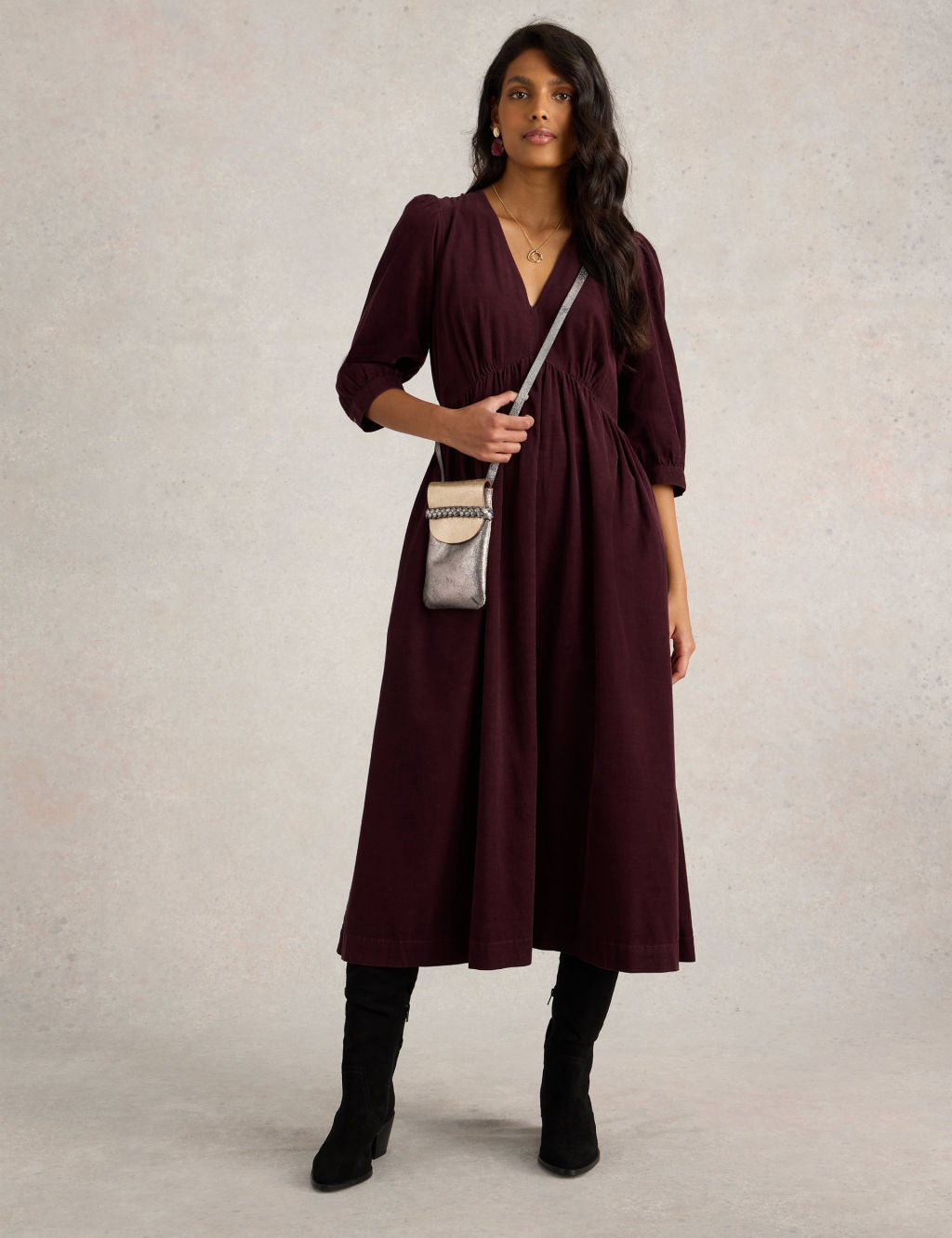 Pure Cotton Cord V-Neck Midi Tea Dress