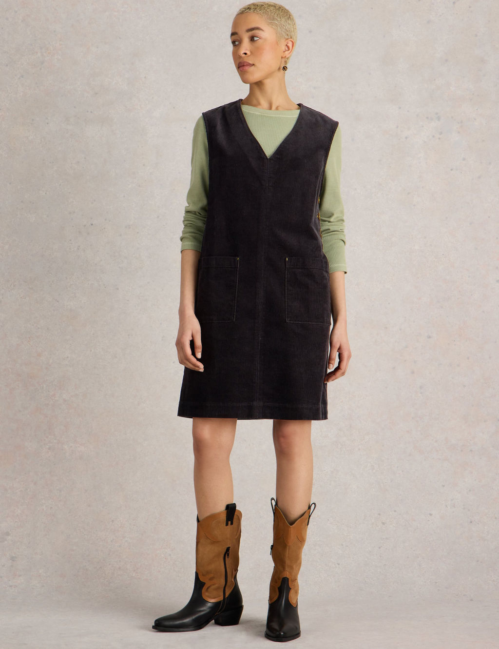 Cord V-Neck Knee Length Shift Dress