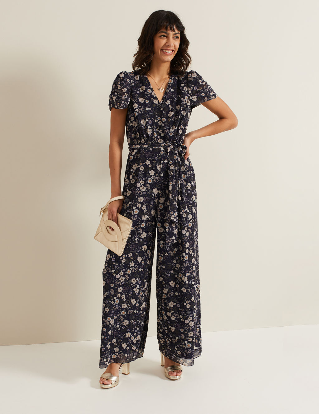 Floral Tie Waist Short Sleeve Jumpsuit