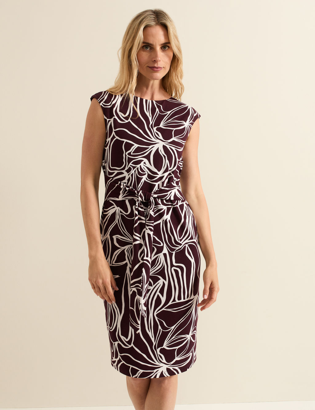 Jersey Printed Tie Waist Midi Bodycon Dress