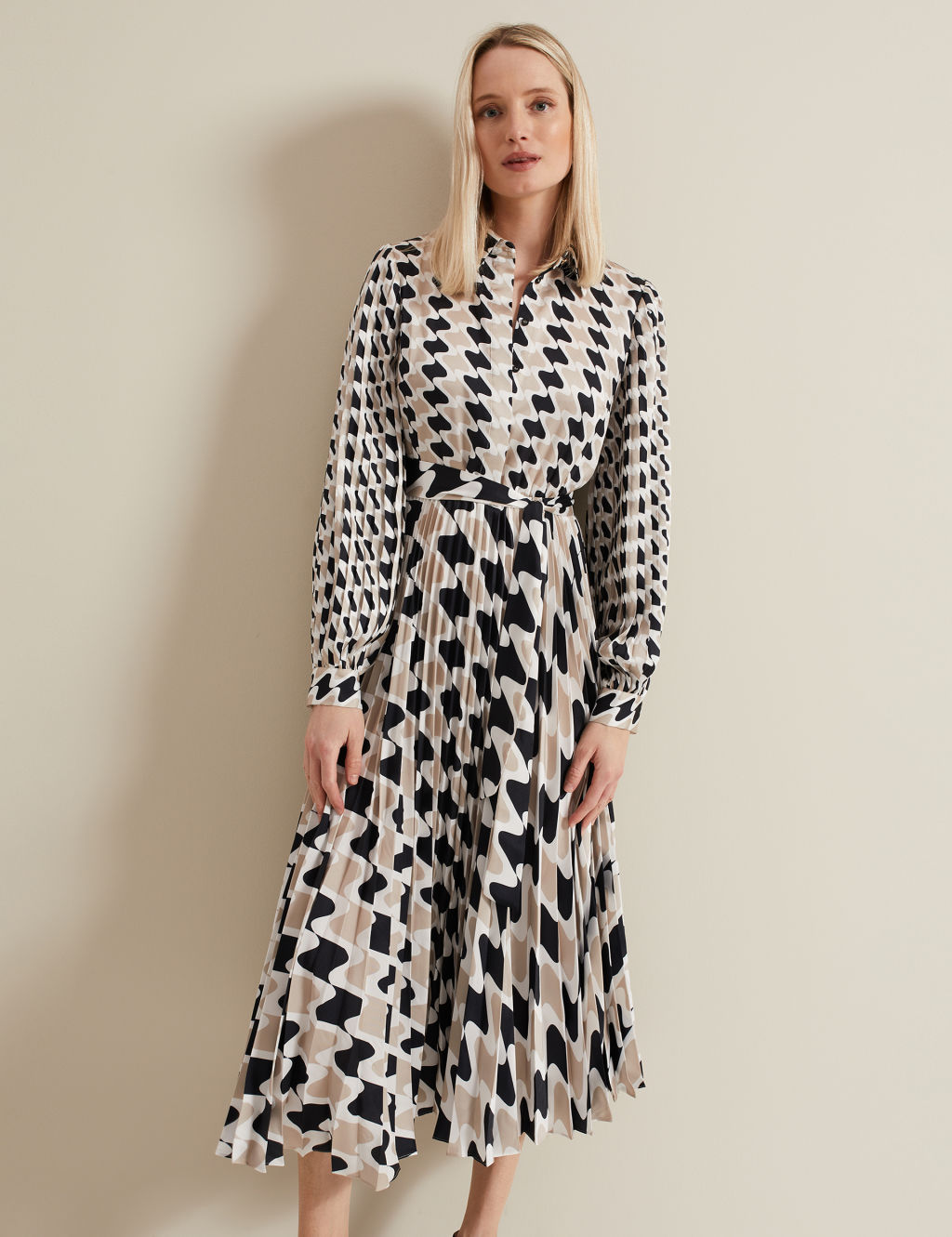 Printed Pleated Midi Shirt Dress