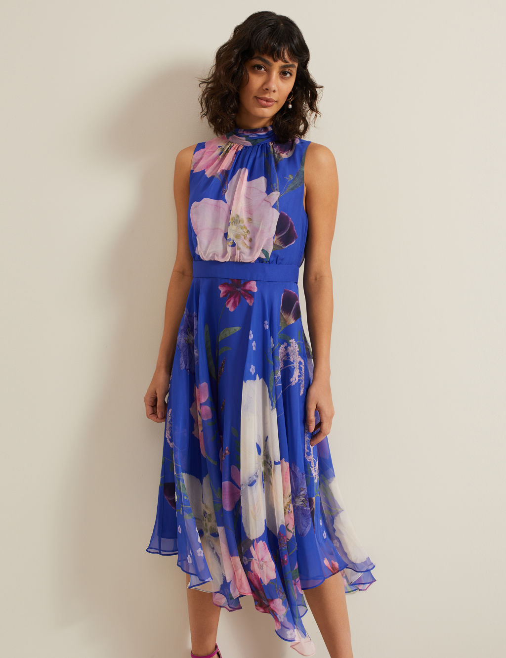 Floral High Neck Midi Skater Dress