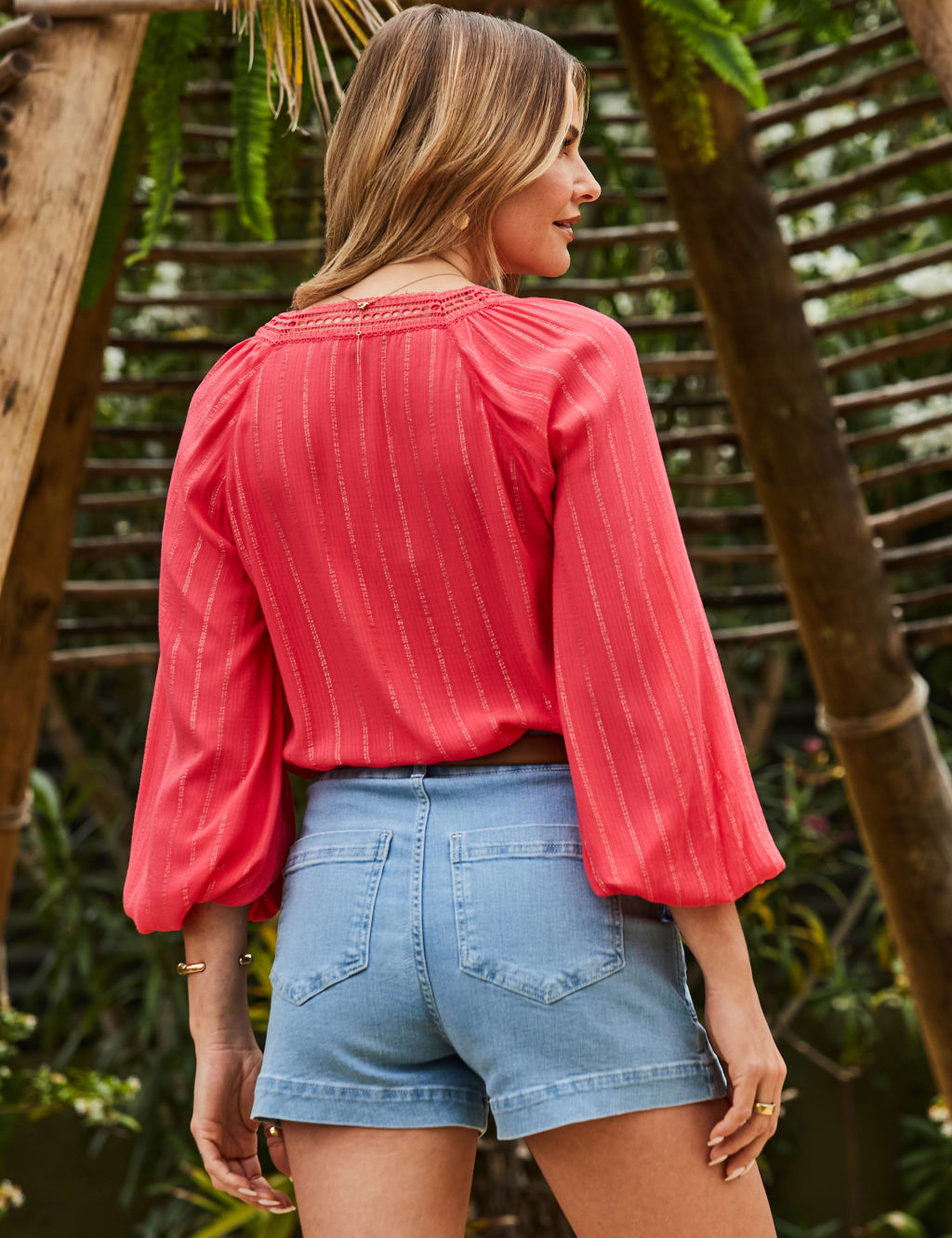 Striped Tie Neck Blouson Sleeve Blouse 5 of 6