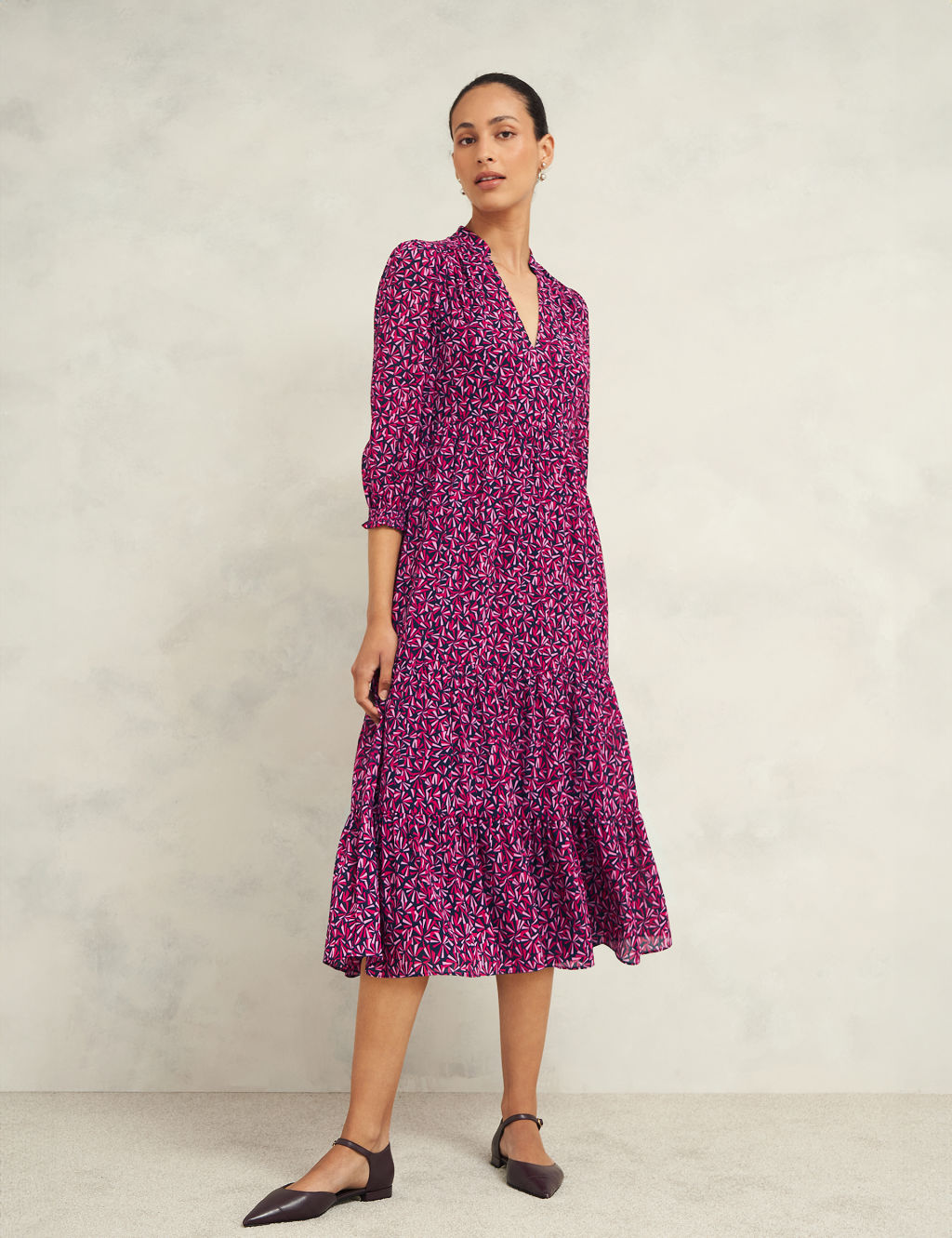 Printed V-Neck Midi Tiered Dress