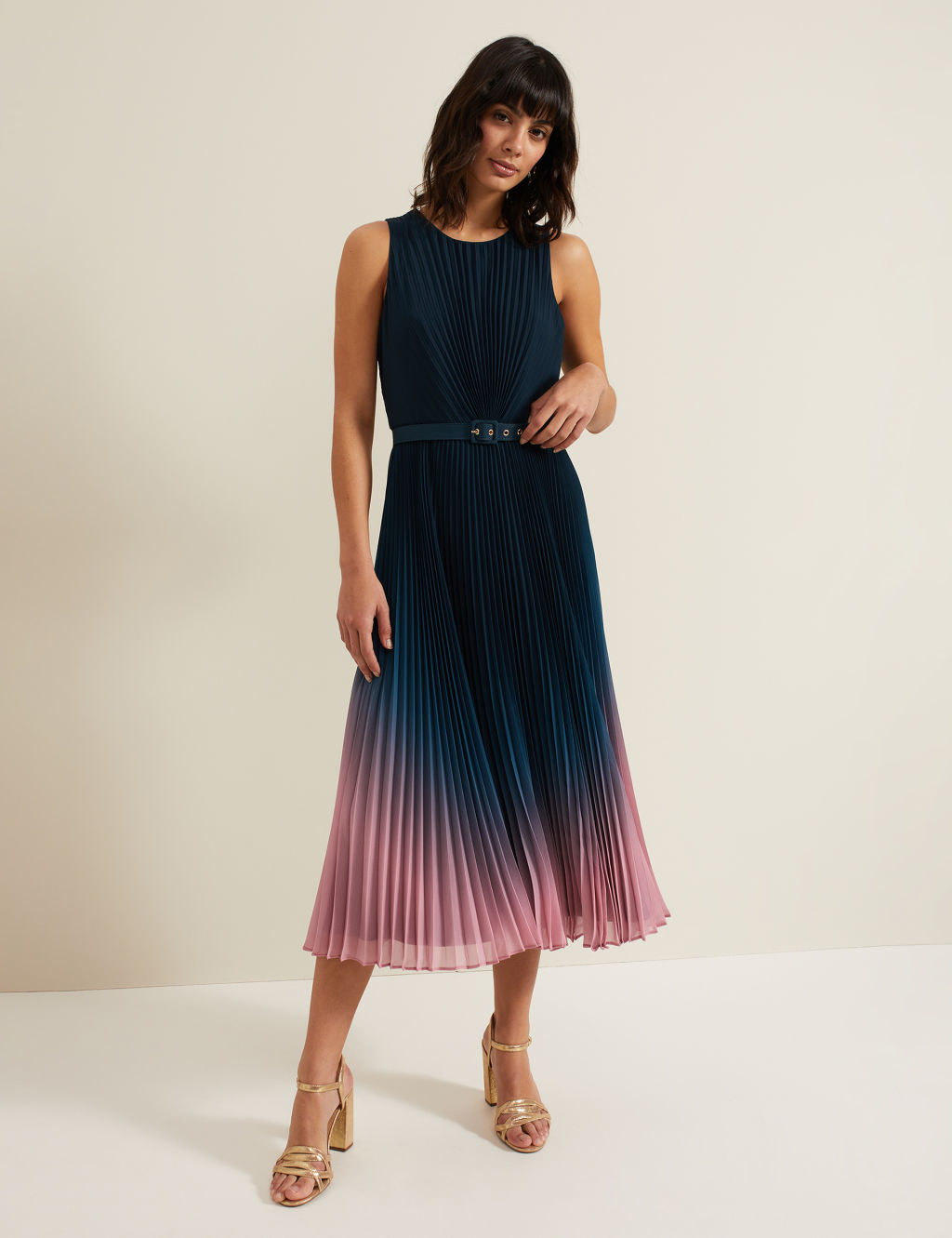 Chiffon Ombre Pleated Midi Dress