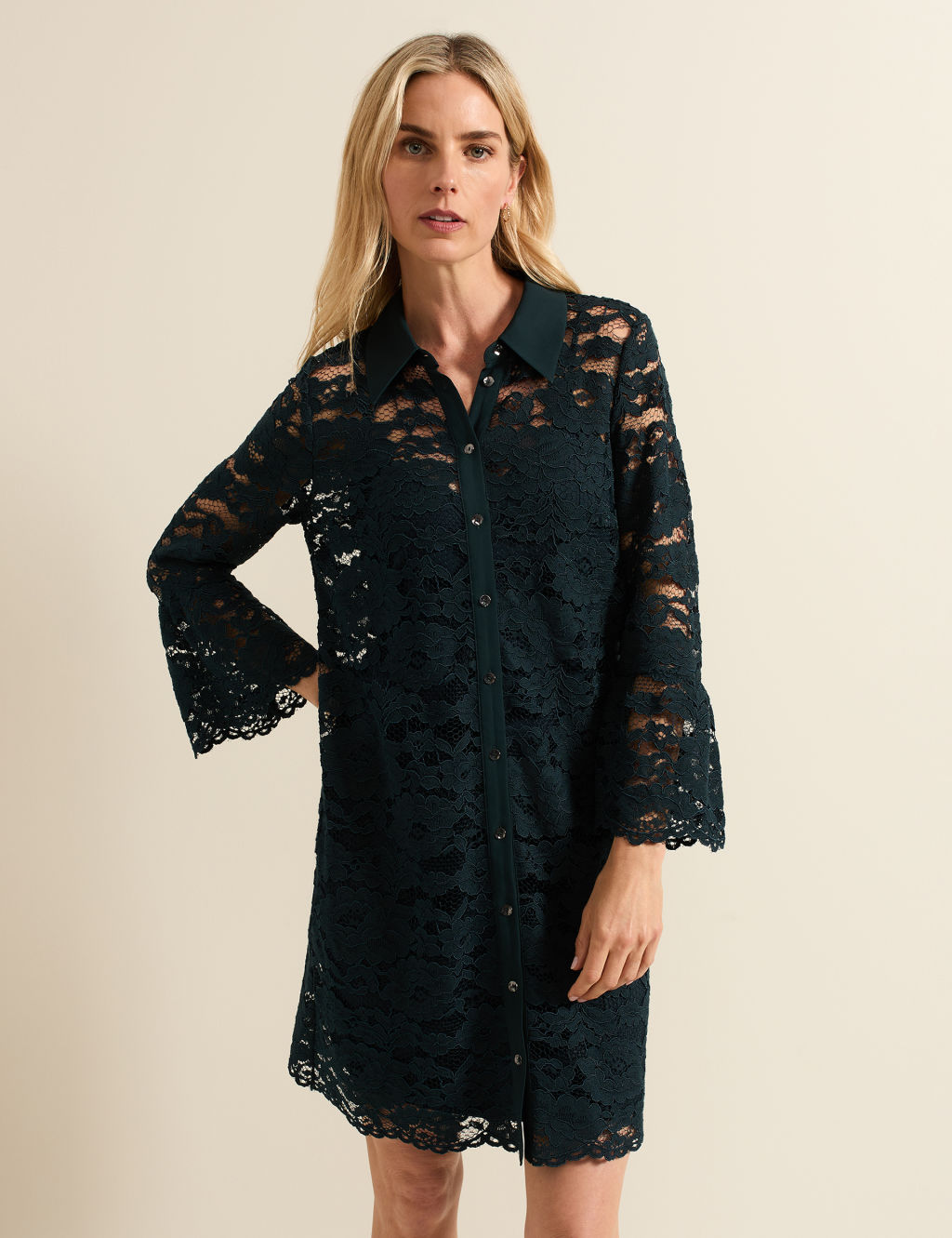 Cotton Blend Broderie Lace Mini Shirt Dress