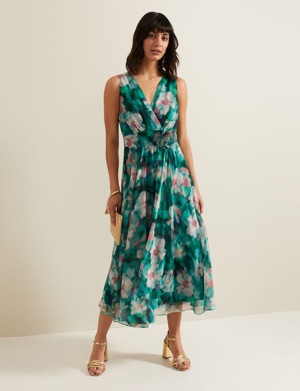 Chiffon Floral V-Neck Midi Wrap Dress