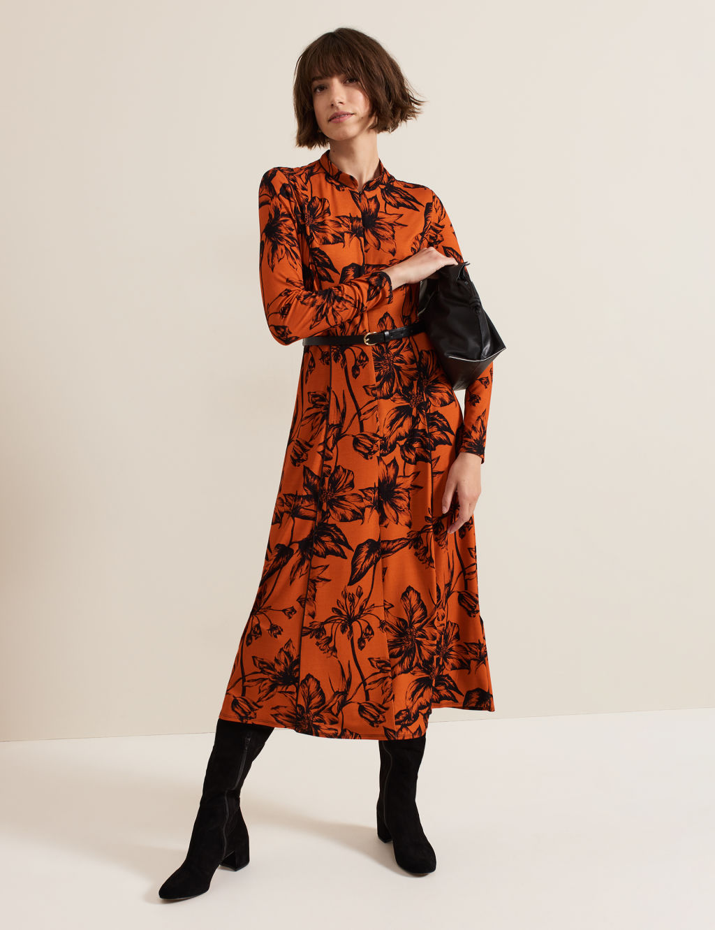 Floral Belted Midi Skater Dress