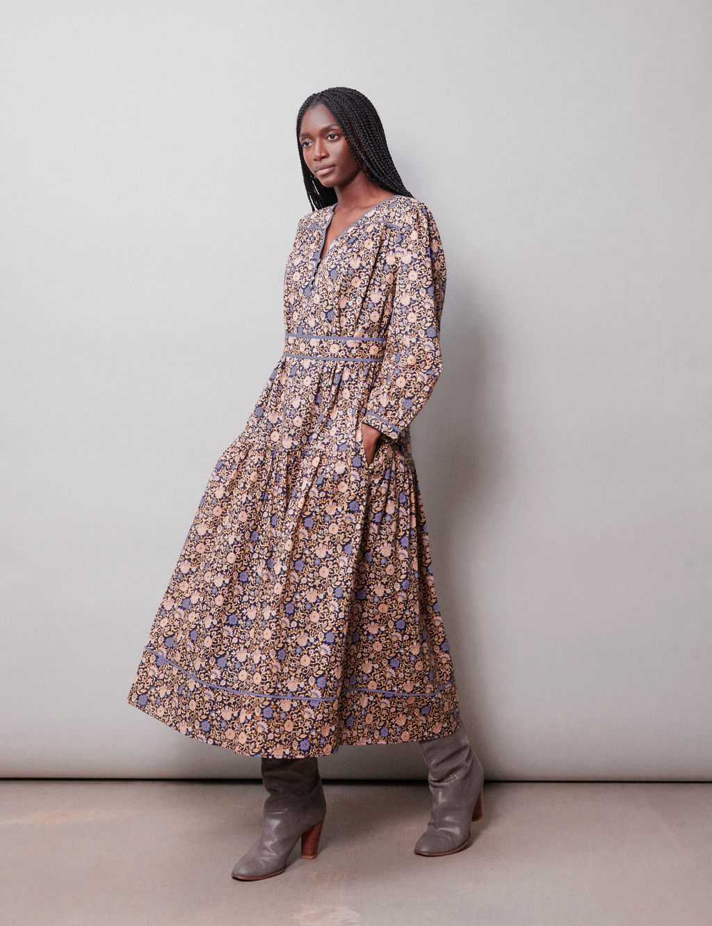 Organic Cotton Floral V-Neck Midi Waisted Dress | Albaray | M&S