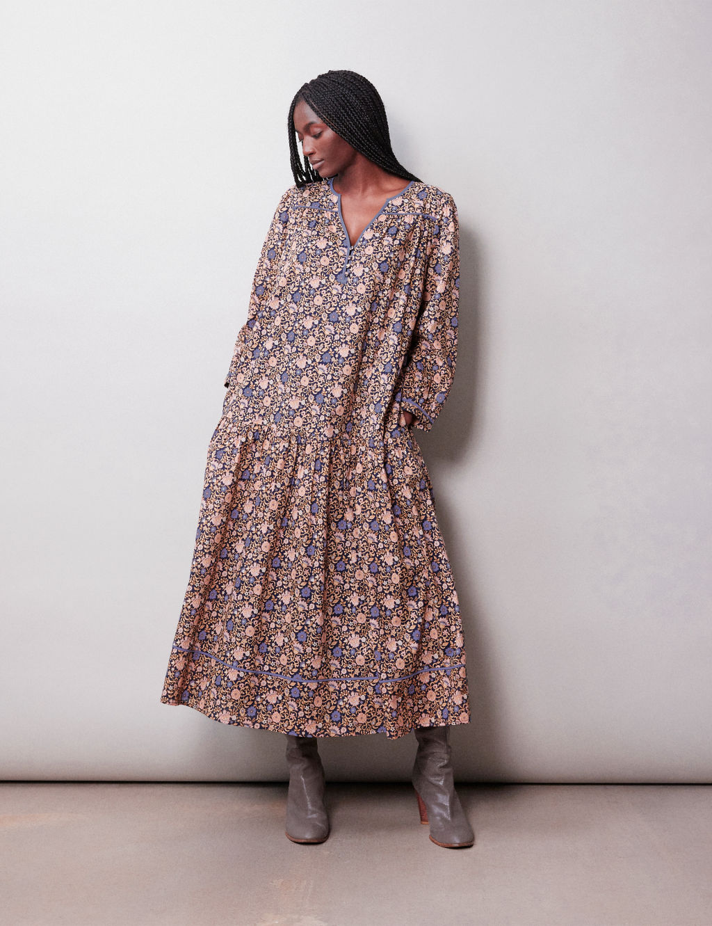 Organic Cotton Floral V-Neck Midi Waisted Dress | Albaray | M&S