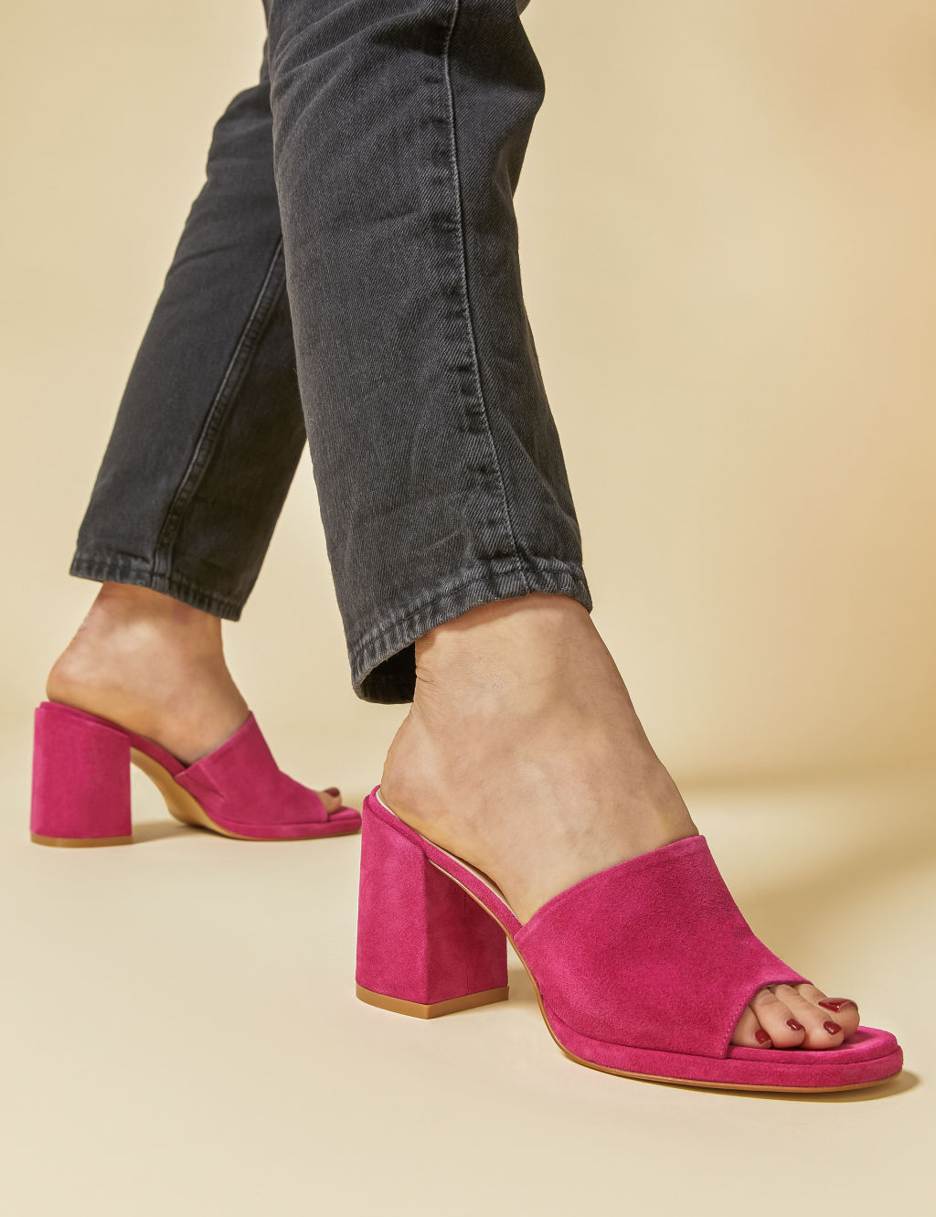 Suede Block Heel Square Toe Mules