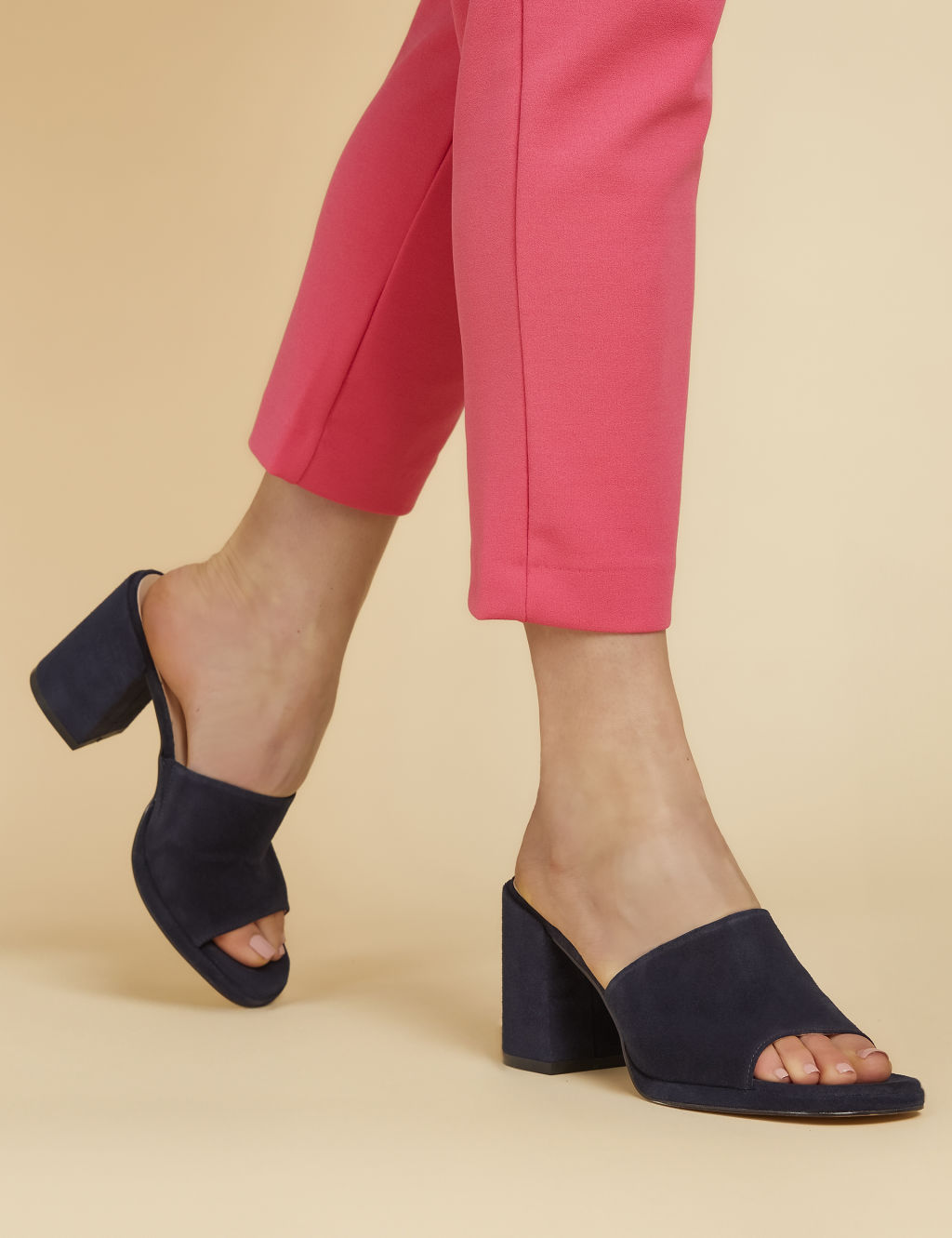 Suede Block Heel Square Toe Mules