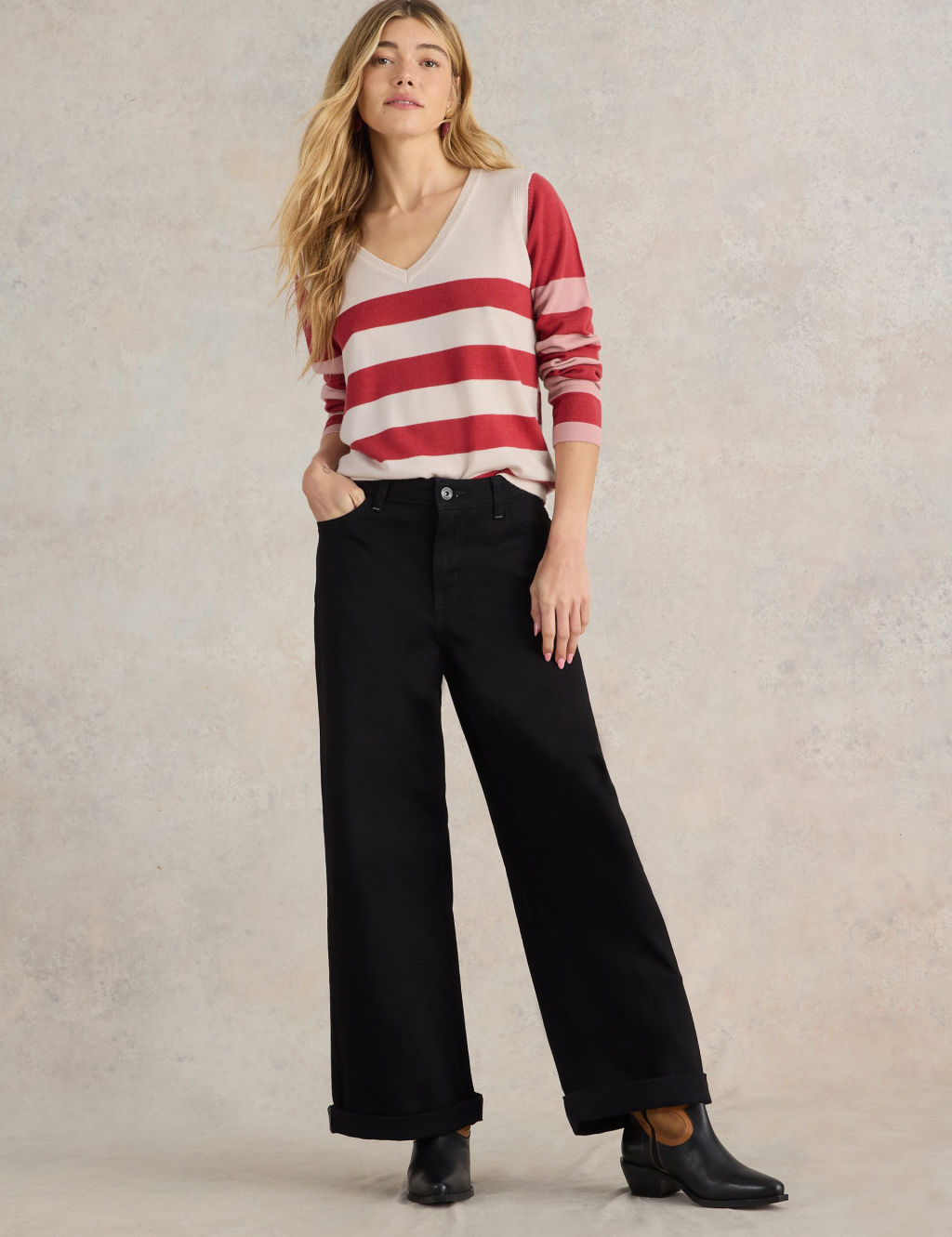 Pure Merino Wool Striped V-Neck Jumper