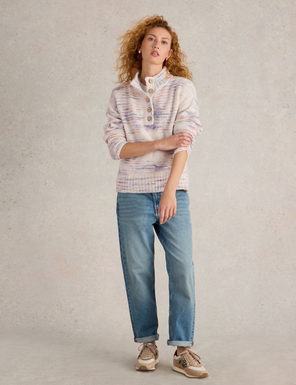Funnel Neck Button Detail Jumper with Wool