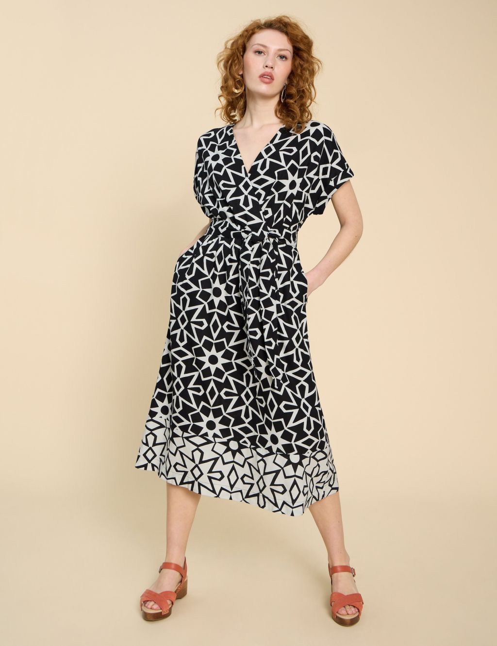 Linen Rich Printed V-Neck Midi Wrap Dress 3 of 6